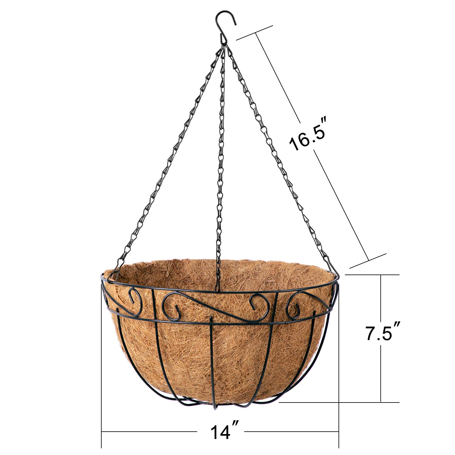 AMAGABELI GARDEN & HOME 4 Pack 14 Inch Metal Round Hanging Planter Baskets with Coco Fiber Liners - Indoor Outdoor Flower Pots for Vegetables, Herbs, Succulents - Perfect for Garden, Home, Porch, Balcony Decor and Vertical Gardening