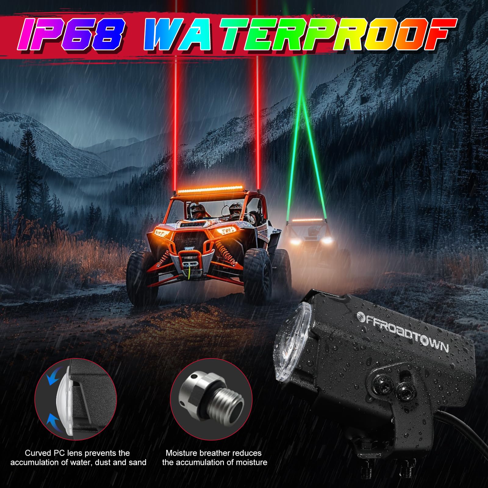 OFFROADTOWN RGBW LED Whip Light with Remote Control - Waterproof Off-Road Light Bar for ATV, UTV, Motorcycle, Truck & Golf Cart - Multi-Color Chase Lighting for Night Riding, Camping & Off-Road Adventures