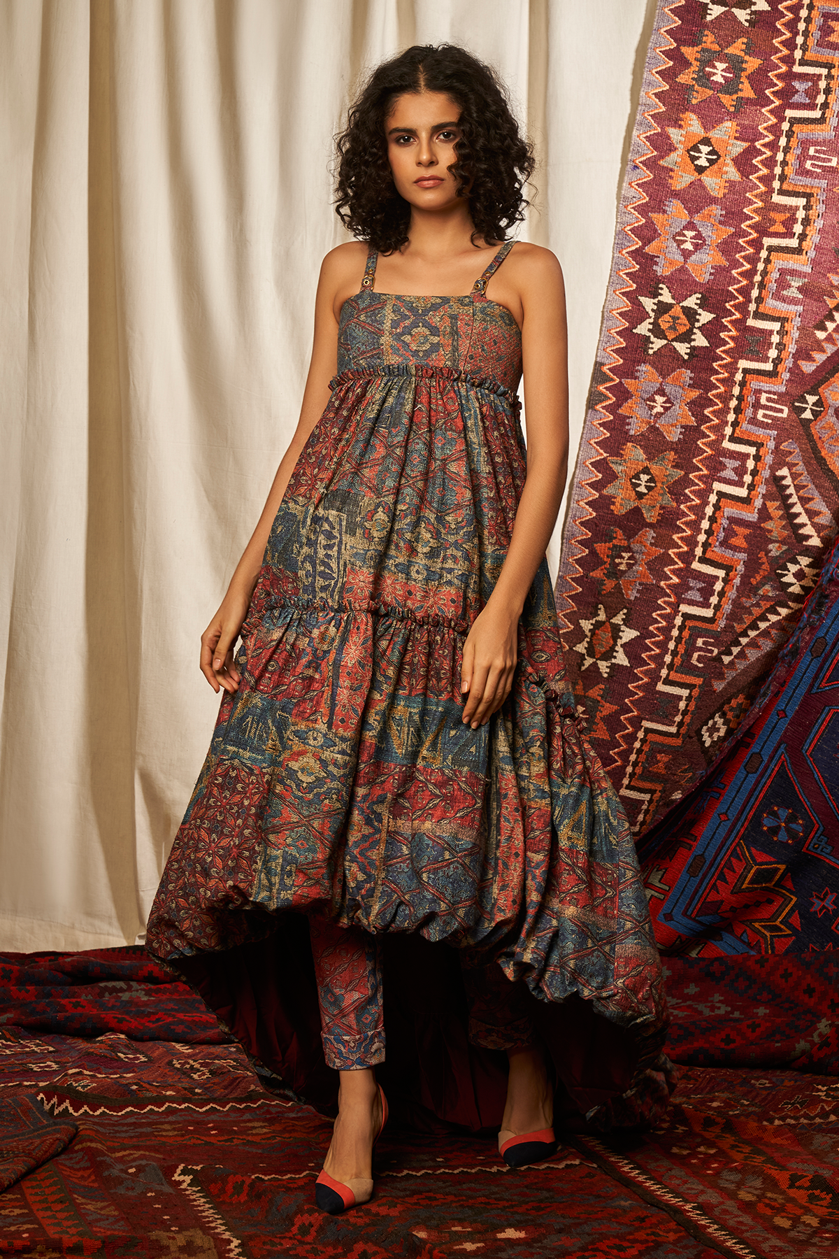 Stylish Carpet Print Balloon Hem Dress for Women - Trendy Floral Midi Dress for Party, Wedding & Special Occasions