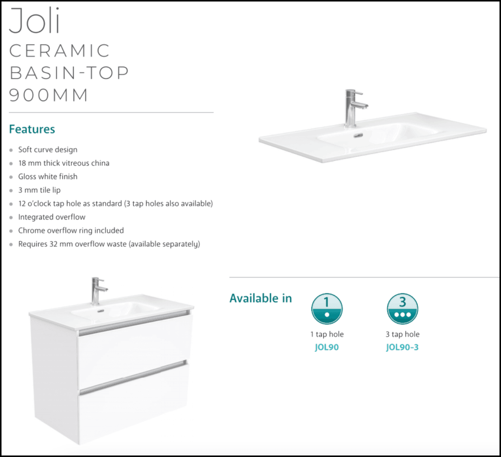 Fienza Joli JOL90T Hampton 900mm White Wall-Mounted Bathroom Vanity Unit with Sink - Modern Space-Saving Design for Small Bathrooms & Powder Rooms