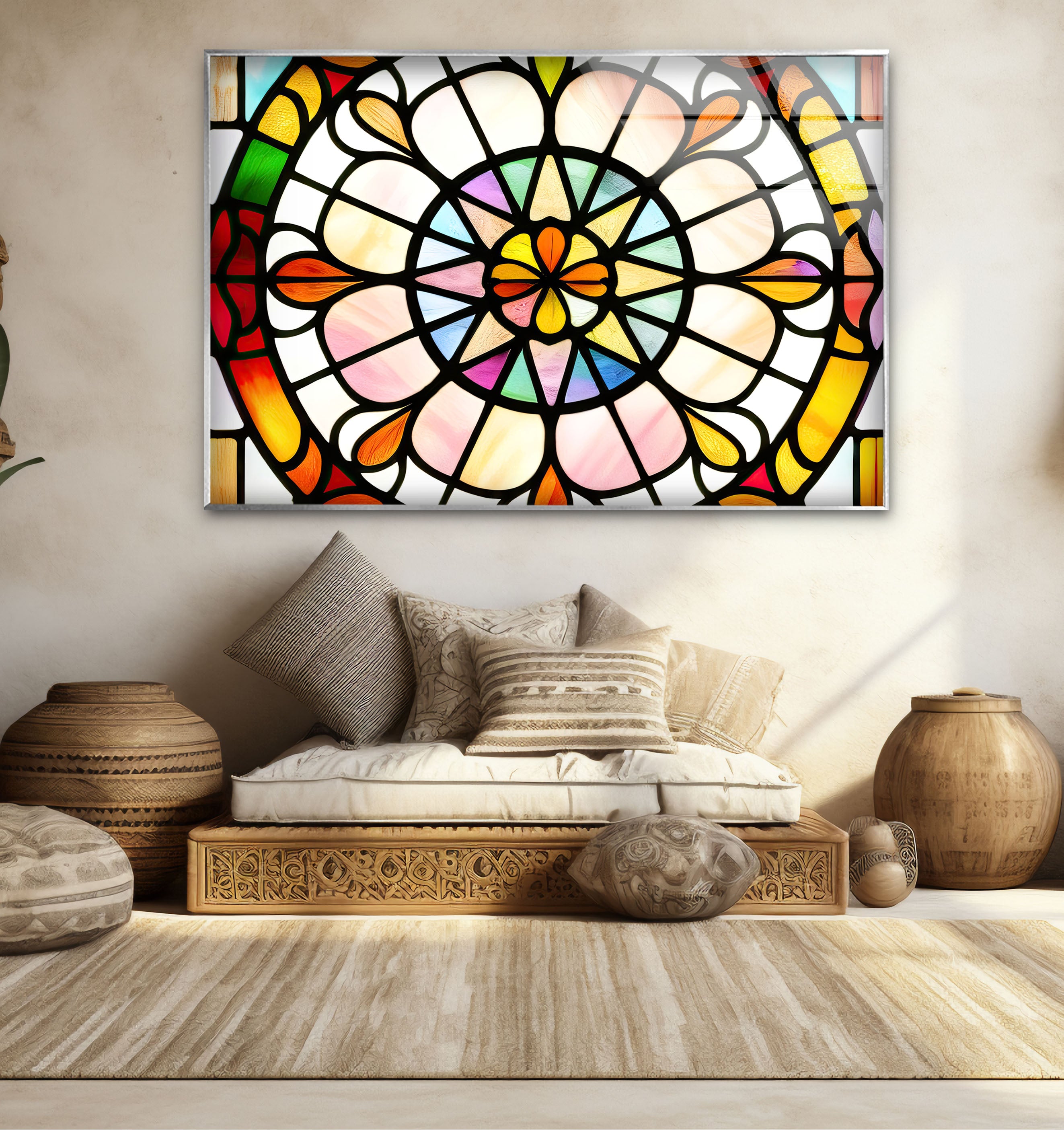 Vibrant Stained Glass Wall Art - Handcrafted Rose Window Design for Home Decor, Church & Wedding Venue