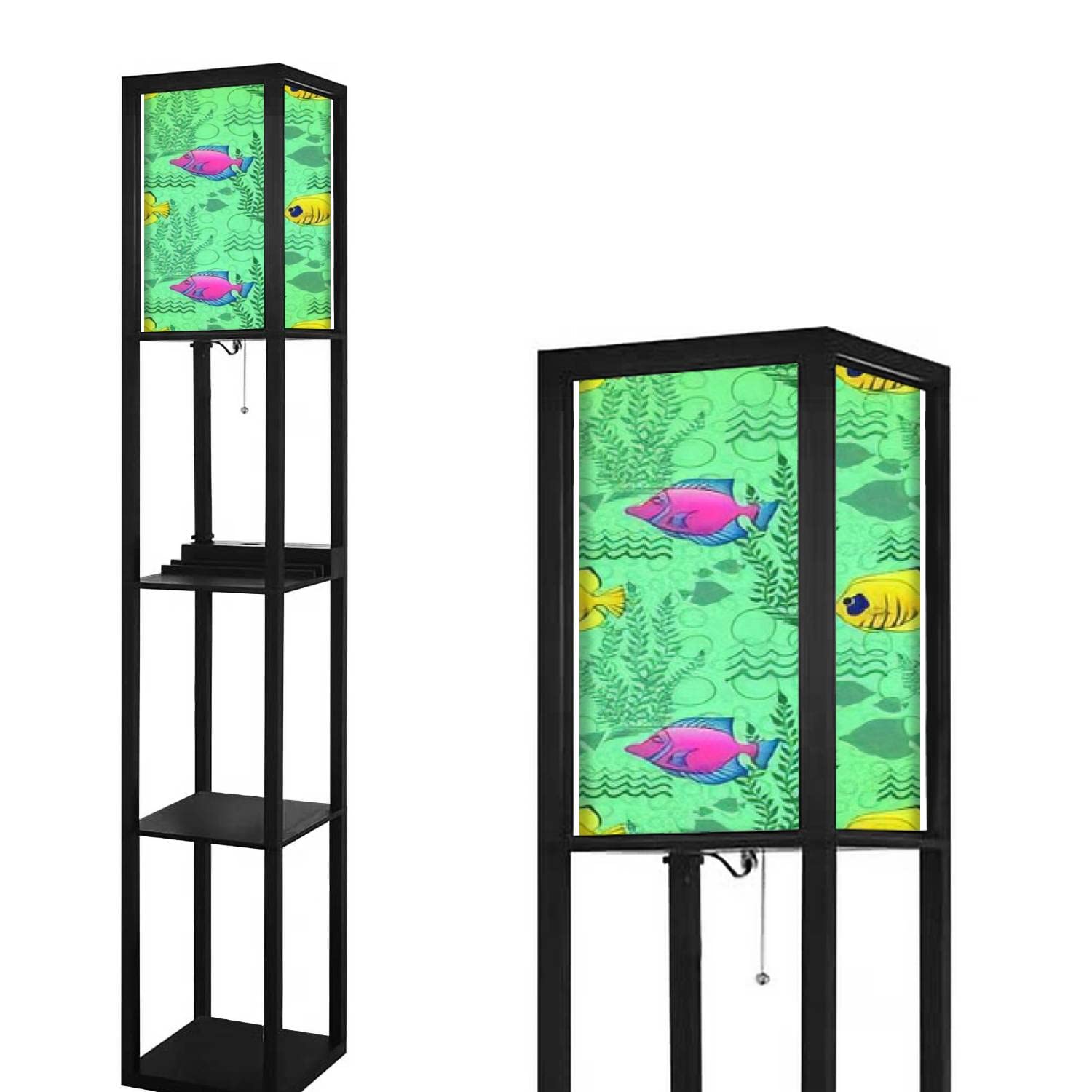 Exotic Ocean Floor Lamp with USB Ports & Power Outlet - Tropical Coral Fish & Seaweed Design, Modern Standing Lamp with Shelves & Linen Shade for Living Room, Bedroom - Perfect for Coastal Decor, Reading Nook & Ambient Lighting