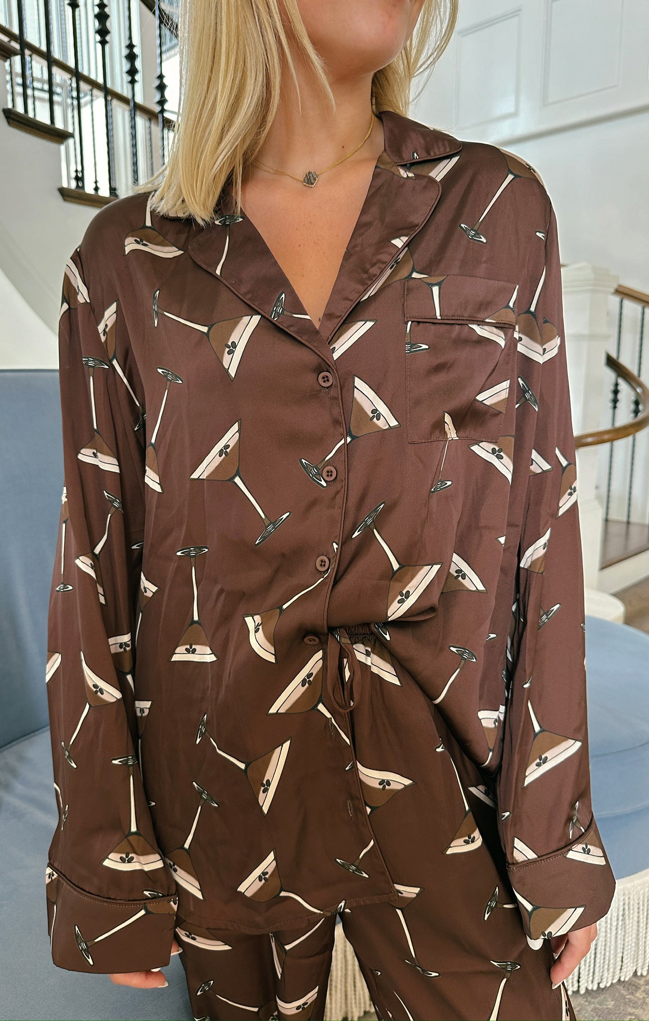 Espresso Martini Silk Pajama Set for Women - Classic Sleepwear & Loungewear - Perfect for Relaxing at Home, Spa Days & Cozy Nights