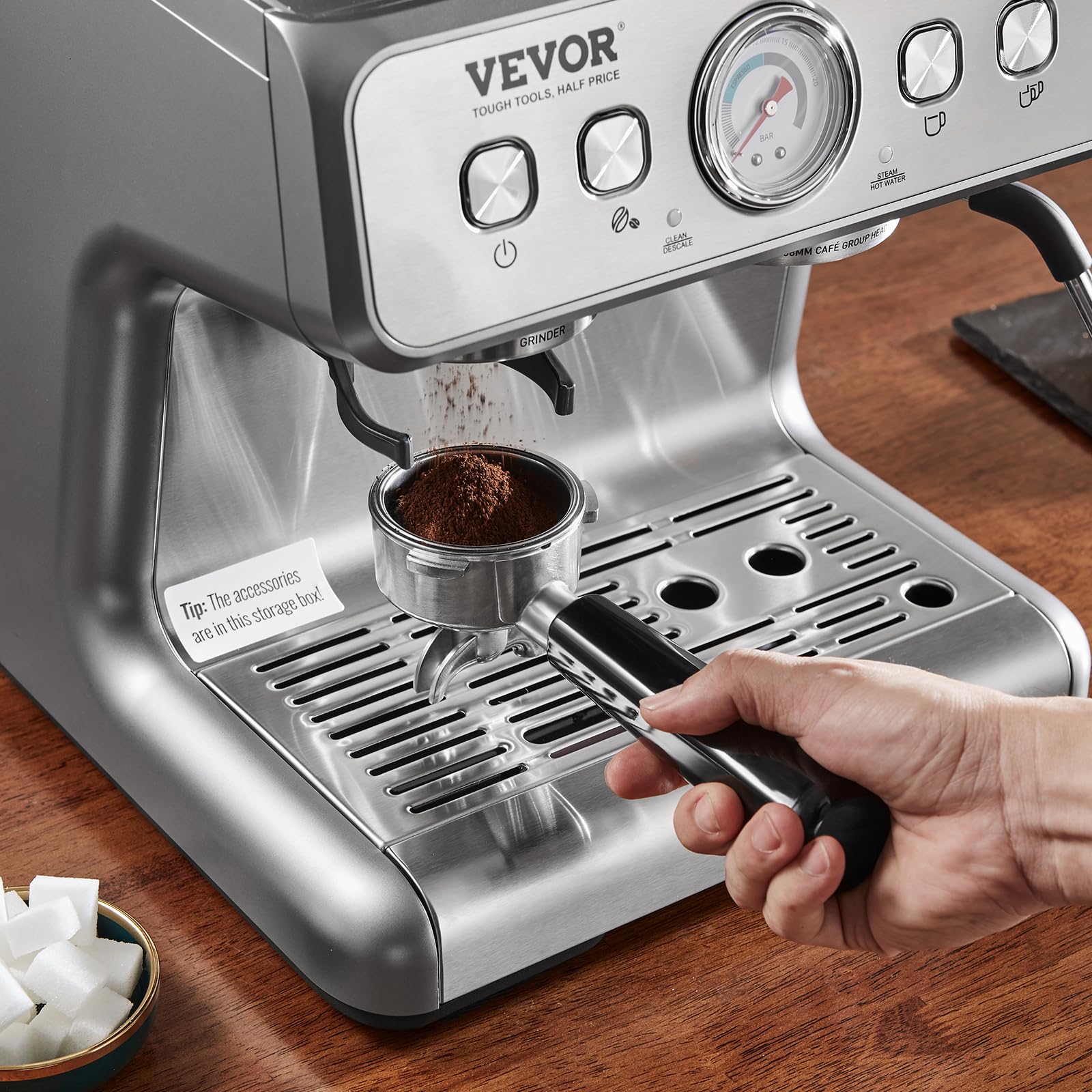 VEVOR 15 Bar Semi-Automatic Espresso Coffee Maker with Built-in Grinder & Milk Frother, Removable Water Tank, PID Control System - Perfect for Home Baristas to Make Cappuccino, Latte, Macchiato - Ideal for Kitchen, Office, Coffee Shop Use