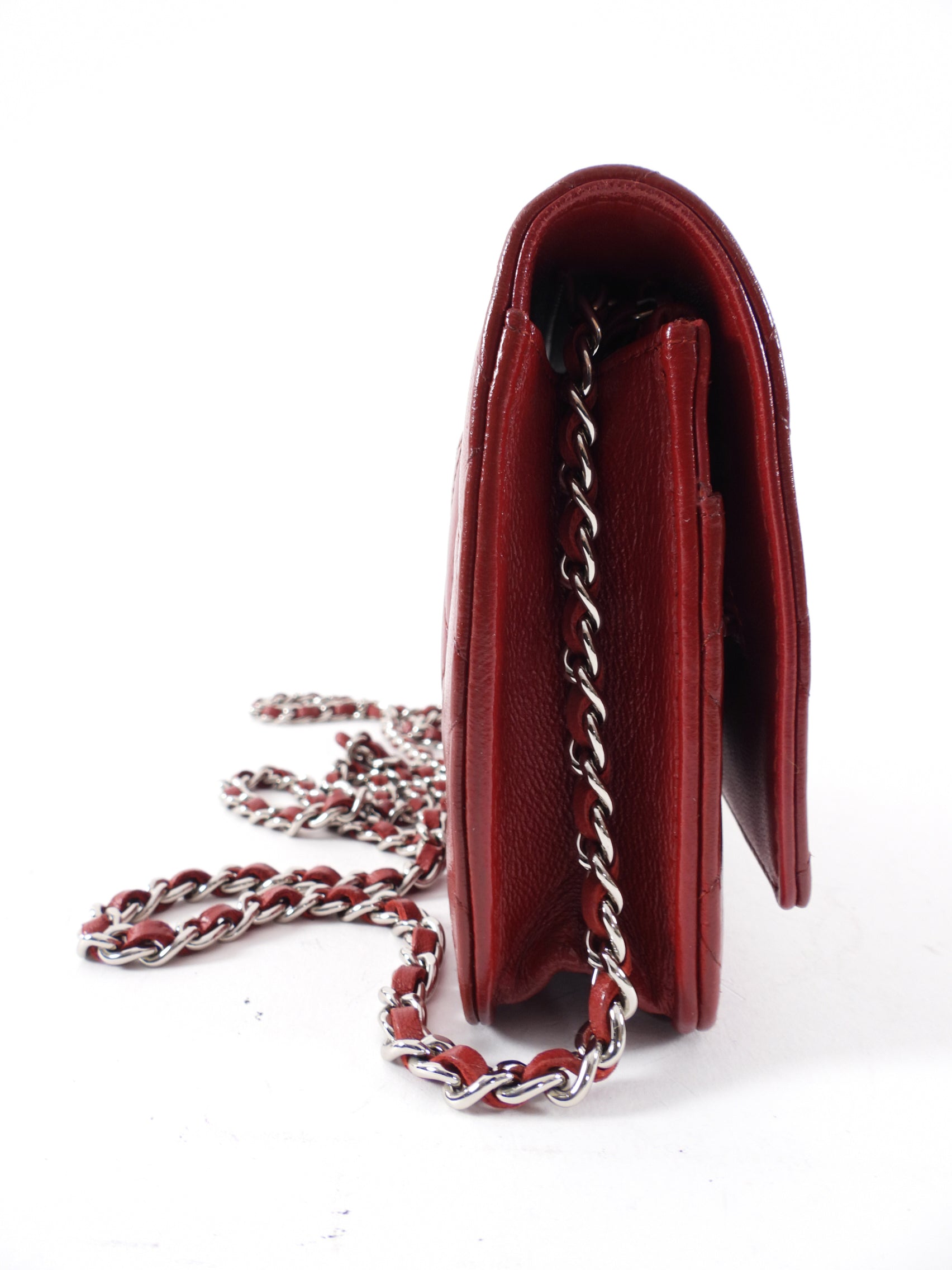 Chanel Dark Red Quilted Leather Classic Wallet on Chain with Silver Hardware - Elegant Crossbody Bag for Women, Perfect for Evening Parties & Date Nights