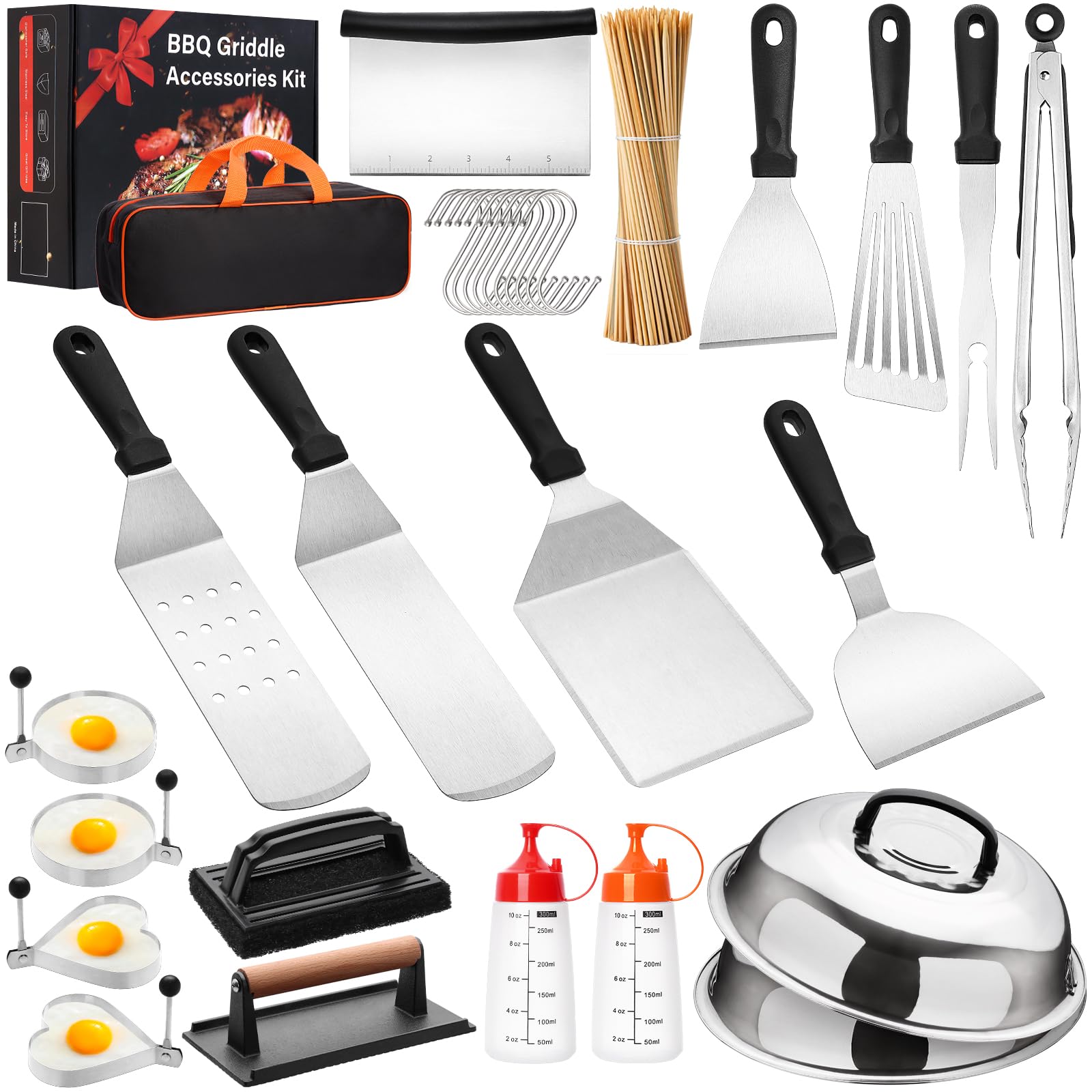 130Pcs Griddle Accessories Kit - Heavy Duty Flat Top Grill Tools Set for Blackstone & Camp Chef | Commercial Grade Grill Spatula Set with XL Spatulas, Burger Press, Basting Cover | Perfect for Outdoor BBQ, Tailgating & Backyard Cooking