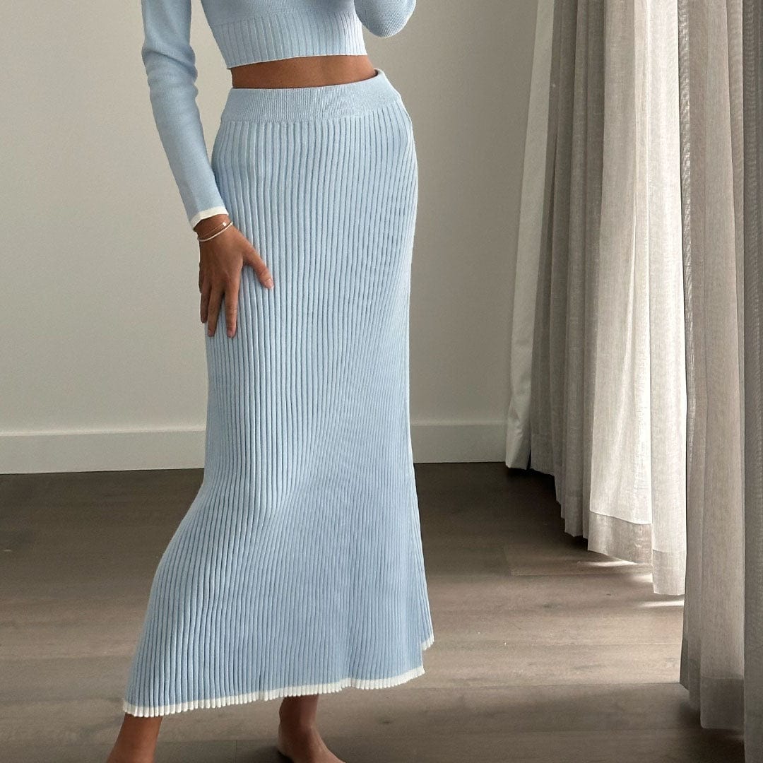 ANIKA Baby Blue High Waist Knit A-Line Maxi Skirt for Women - Comfortable Stretchy Midi Long Skirt for Summer, Beach, Vacation & Casual Wear