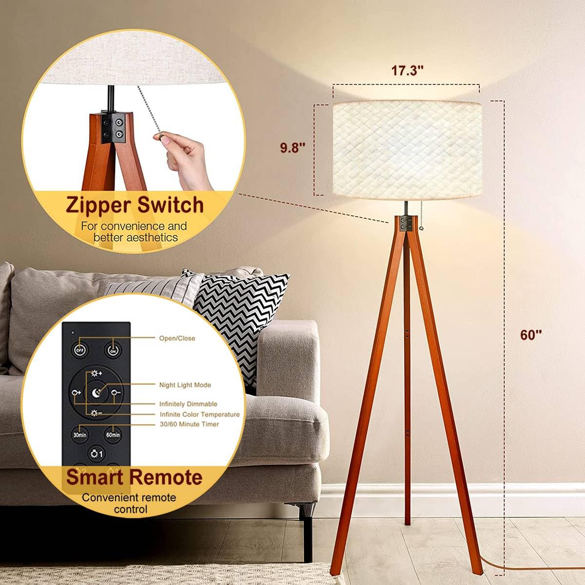 Modern Wood Tripod Floor Lamp with Dimmable Linen Lampshade - Mid Century Standing Lamp for Living Room & Bedroom - Perfect for Cozy Reading Nooks and Ambient Lighting