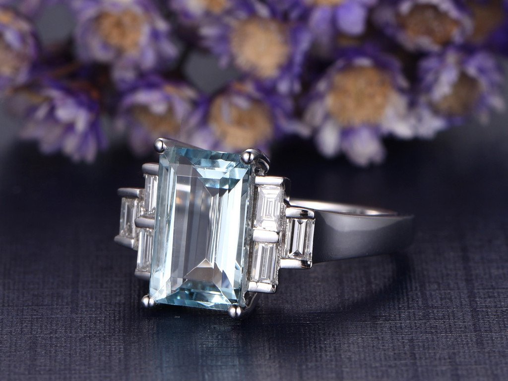 Blue Aquamarine Wedding Ring Set - 6x11mm Emerald Cut Gemstone & Diamond Band in White Gold for Stacking & Bridal Jewelry
