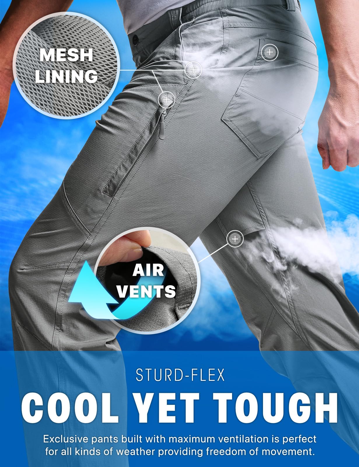 CQR Men's Vent Stretch Cargo Pants - Cool Dry Lightweight Work Pants with Water Resistant & Straight Fit for Outdoor Hiking, Camping and Casual Wear