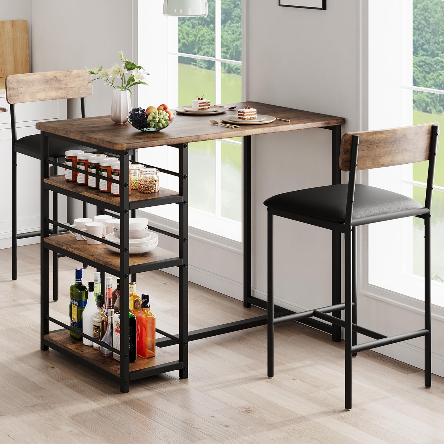 Rustic Brown 3-Piece Counter Height Kitchen Table Set with 3 Storage Shelves & 2 Upholstered Bar Stools - Space Saving Dining Set for Small Apartments, Breakfast Nook, Kitchen Island or Compact Dining Areas