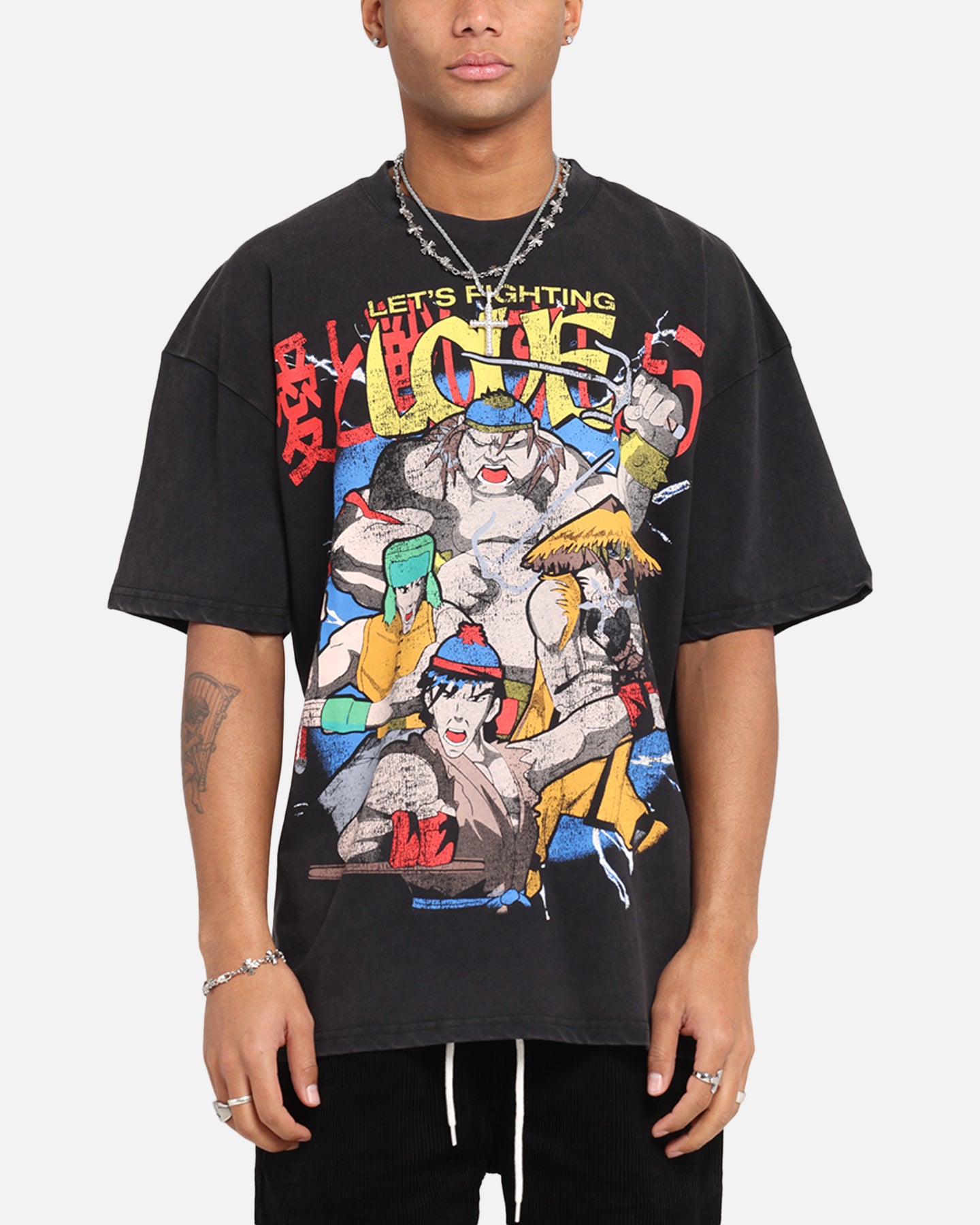 73 Studio X South Park 'Let's Fighting Love' Vintage Acid Wash Black T-Shirt - Retro Cartoon Tee for Fans & Collectors