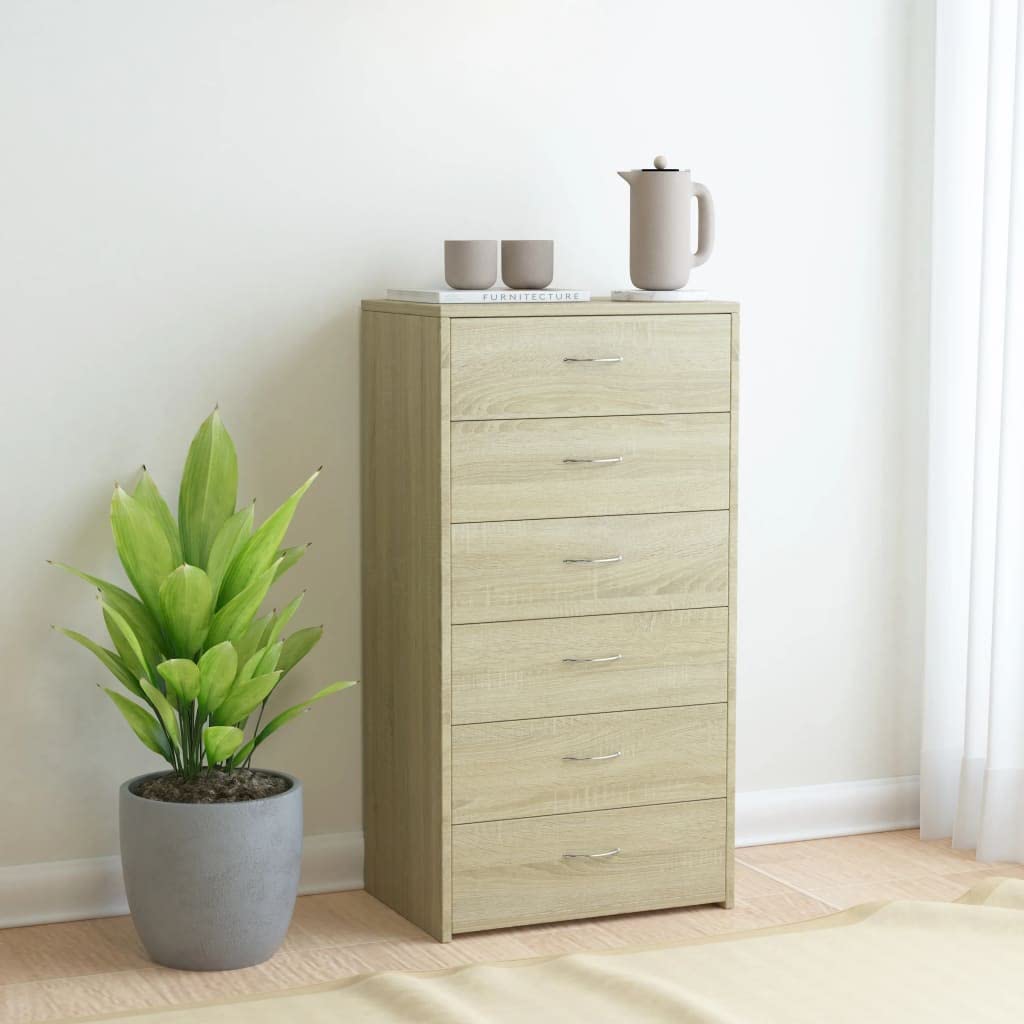 Sonoma Oak 6-Drawer Sideboard Cabinet - 23.6 x 13.4 x 37.8 Inch Storage Locker for Living Room, Bedroom, Home Office & Hallway - Durable Chipboard Furniture for Home Organization & Decor
