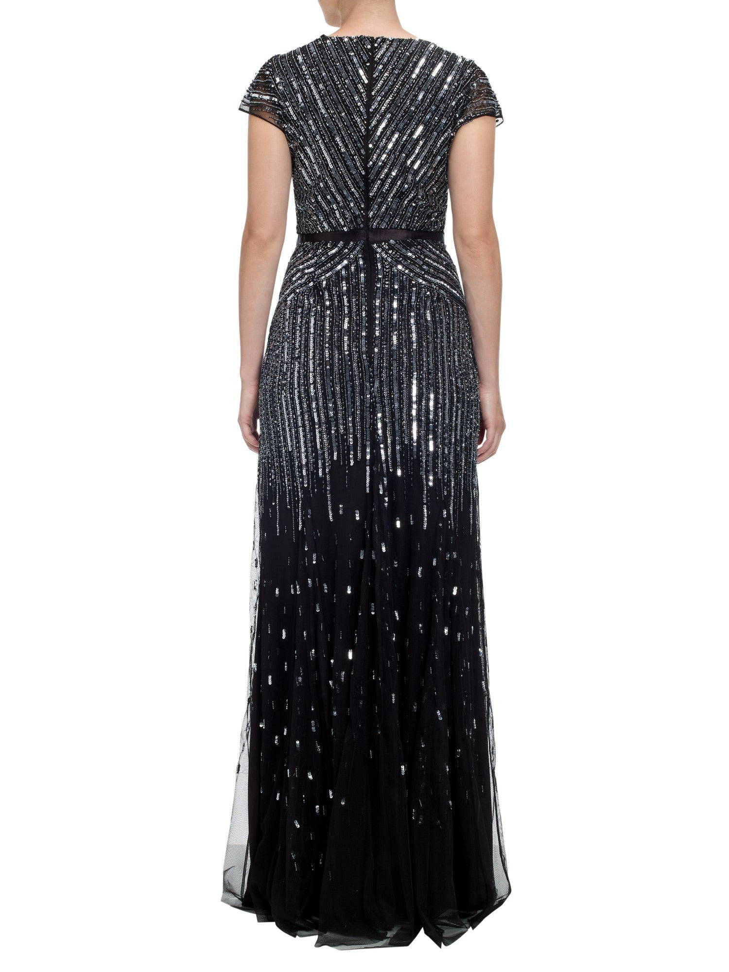 Adrianna Papell Beaded V-Neck Gown in Gunmetal - Elegant Evening Dress for Prom, Wedding & Formal Events
