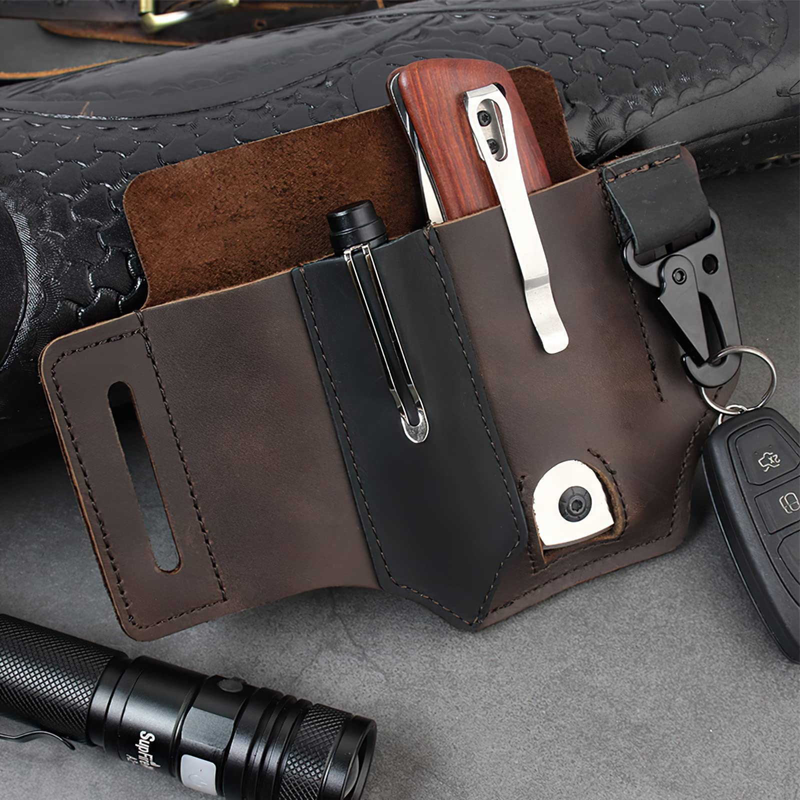 Leather Multitool Belt Sheath - EDC Pocket Organizer for Men with Key Holder, Flashlight Holster & Pen Pouch - Perfect for Outdoor Adventures, Camping & Everyday Carry