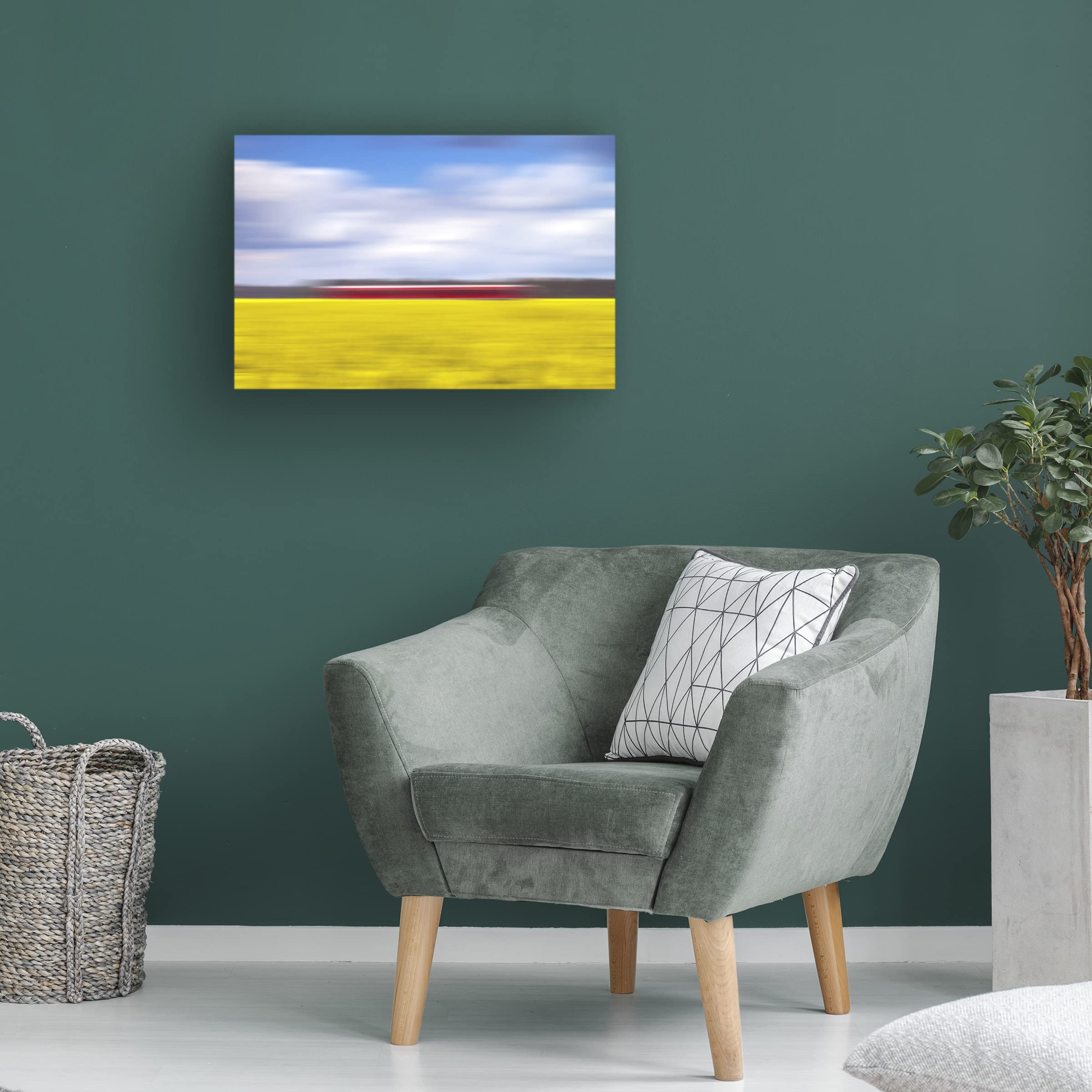 Trademark Fine Art 'Canola And The Red Train' Canvas Wall Art Print by Oliver Buchmann - Modern Landscape Painting for Living Room, Bedroom & Office Decor