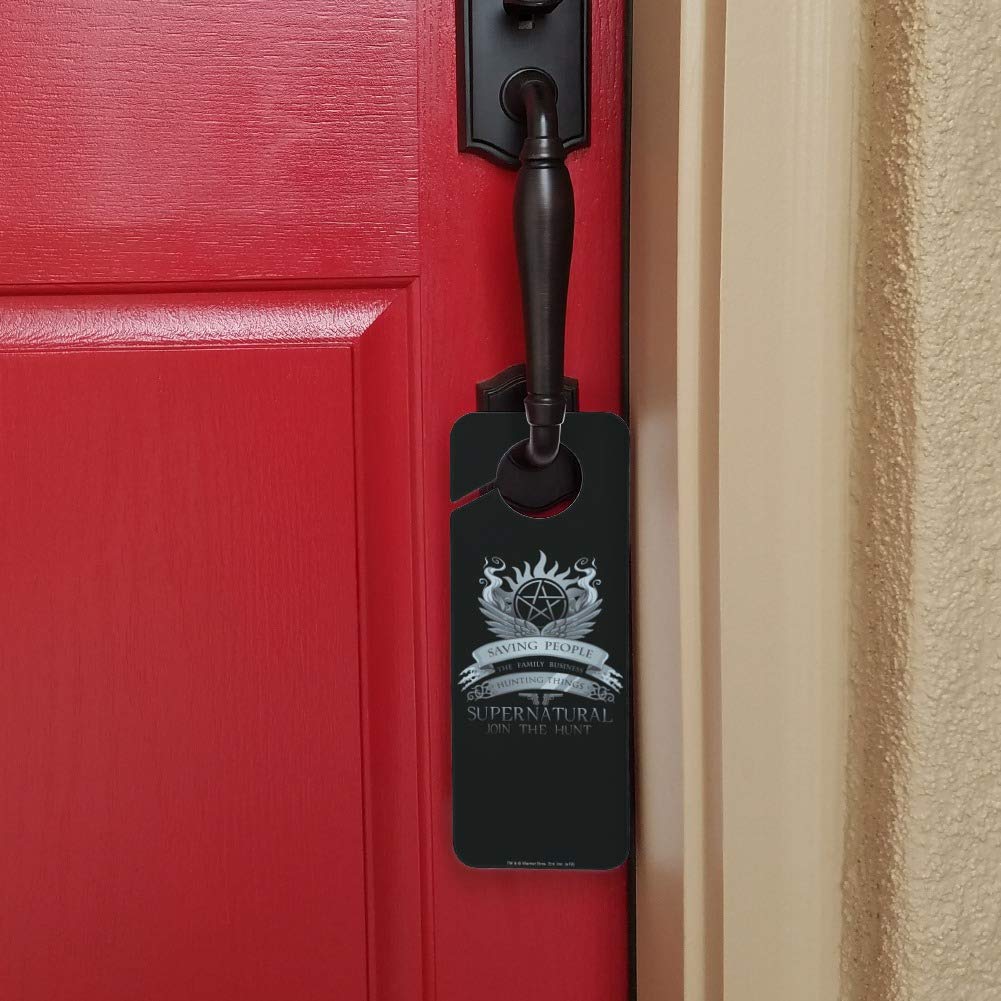 Supernatural Saving People Hunting Things Plastic Door Knob Hanger Sign - TV Show Inspired Decor for Bedroom, Office, or Halloween Party
