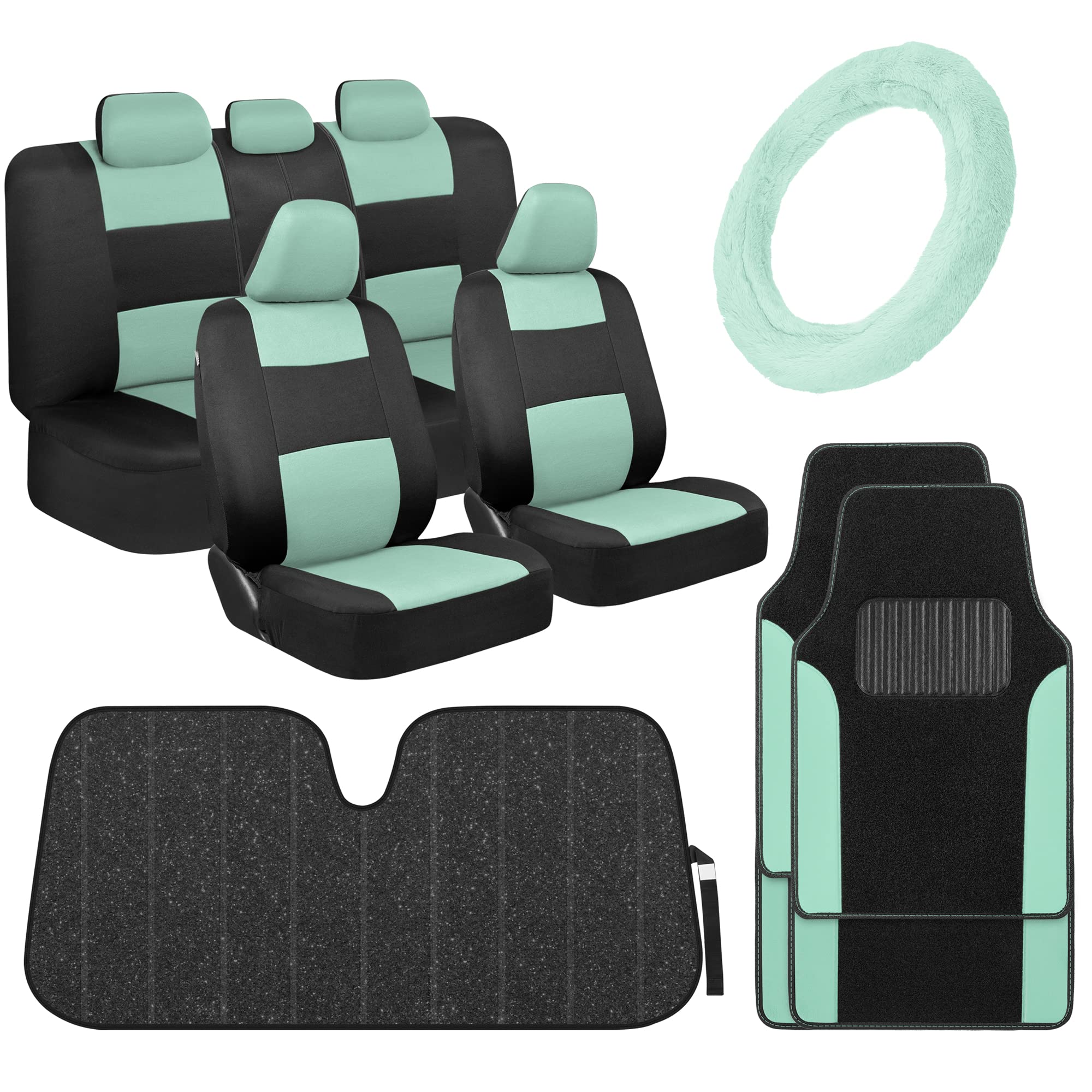 BDK PolyPro Mint Car Seat Covers for Women - Premium Car Accessories Gift Set with Carpet Floor Mats, Faux Fur Steering Wheel Cover & Bling Windshield Sunshade | Perfect for Daily Commute, Road Trips & Car Interior Protection