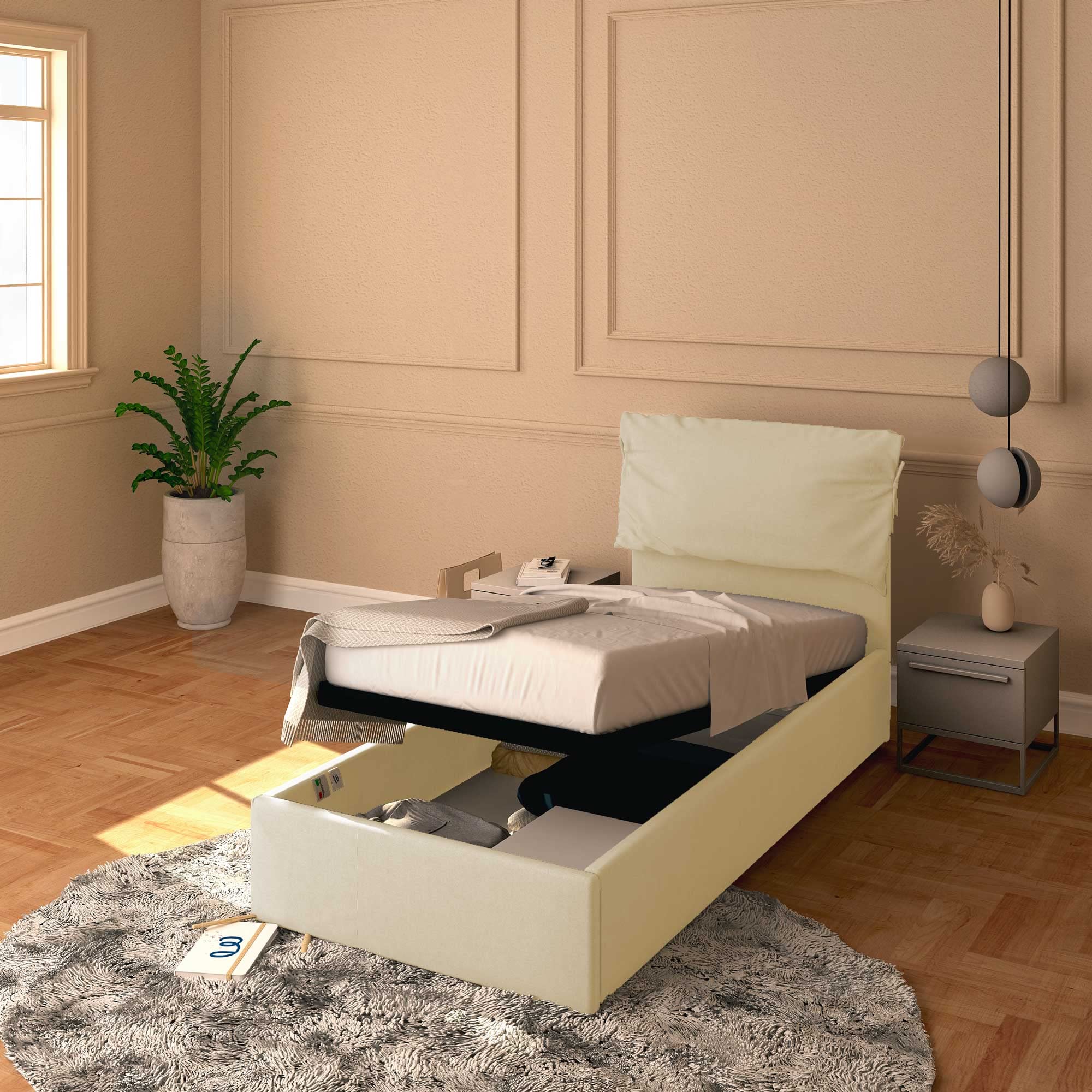 Baldiflex Single Bed with Storage - Licia Soft Synthetic Leather Upholstery, Slatted Base for Single Mattresses, 90 x 190 cm, Cream Color with Padded Headboard - Perfect for Small Bedrooms, Guest Rooms & Studio Apartments