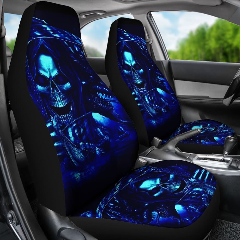 2 Pcs Gothic Skull Car Seat Covers - Universal Fit for Cars, Trucks & SUVs - Black Skull Pattern Auto Accessories for Halloween, Punk & Rocker Style - Perfect for Car Shows, Road Trips & Themed Events