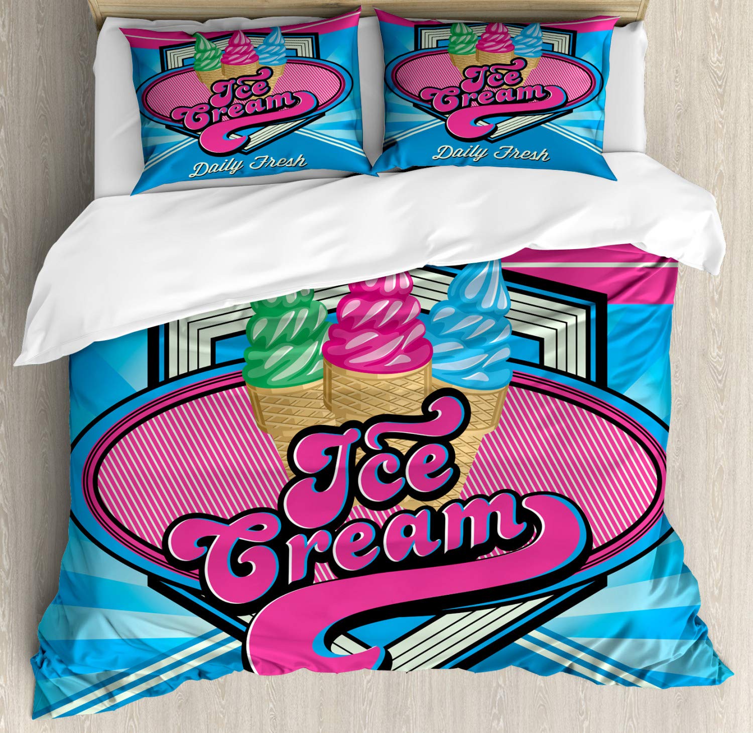 Ambesonne Vintage Duvet Cover Set - Queen Size 3-Piece Bedding with Ice Cream Print in Blue & Hot Pink | Soft Microfiber Duvet Cover + 2 Pillow Shams | Sweet Food-Themed Decor for Teen Bedroom, Dorm Room or Guest Room