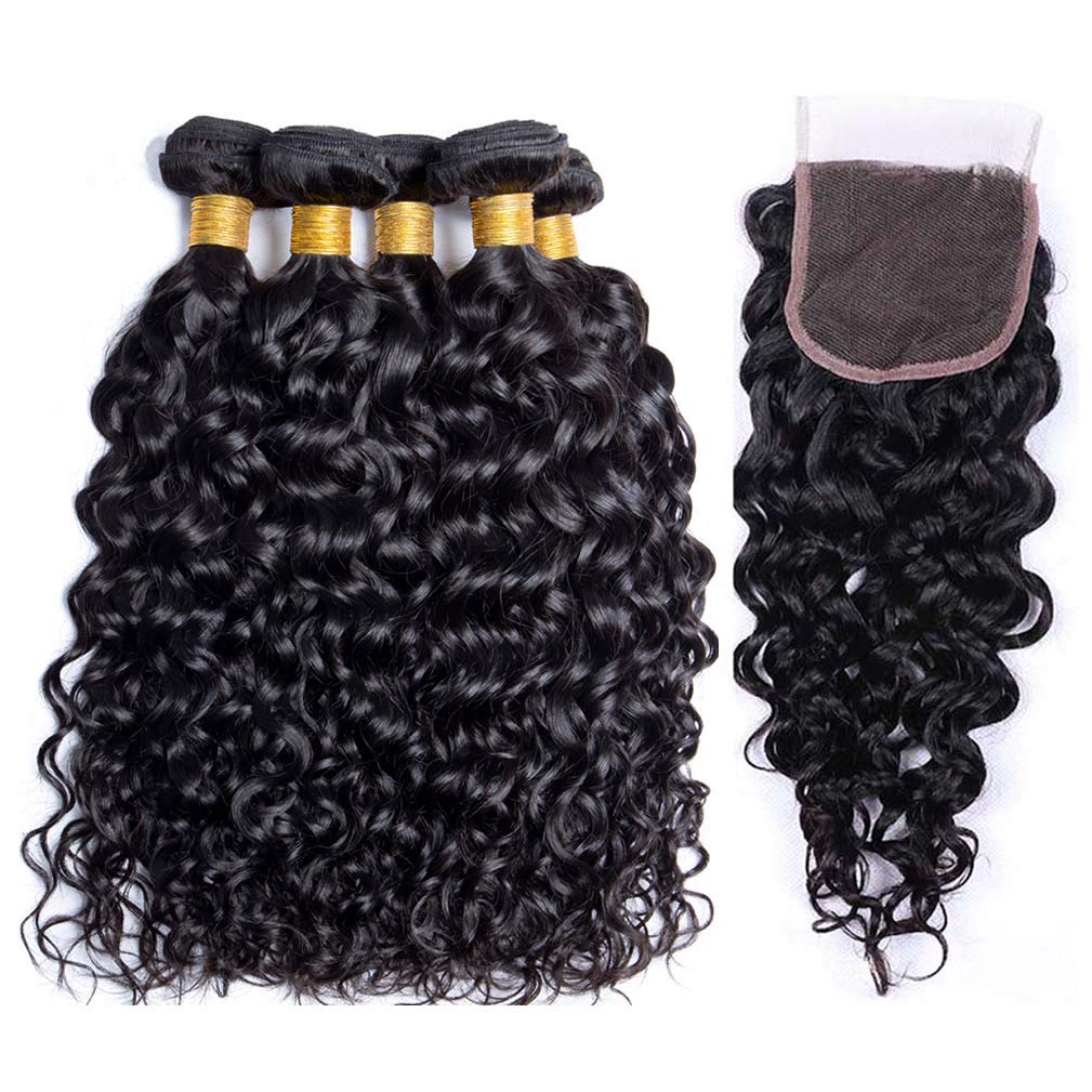14 16 18+12 Inch Water Wave Human Hair Bundles with 4x4 Lace Closure - 100% Unprocessed Brazilian Virgin Hair - 3 Bundles Set for Natural Look - Perfect for Sew-in Weaves, Wig Making, and Everyday Styling