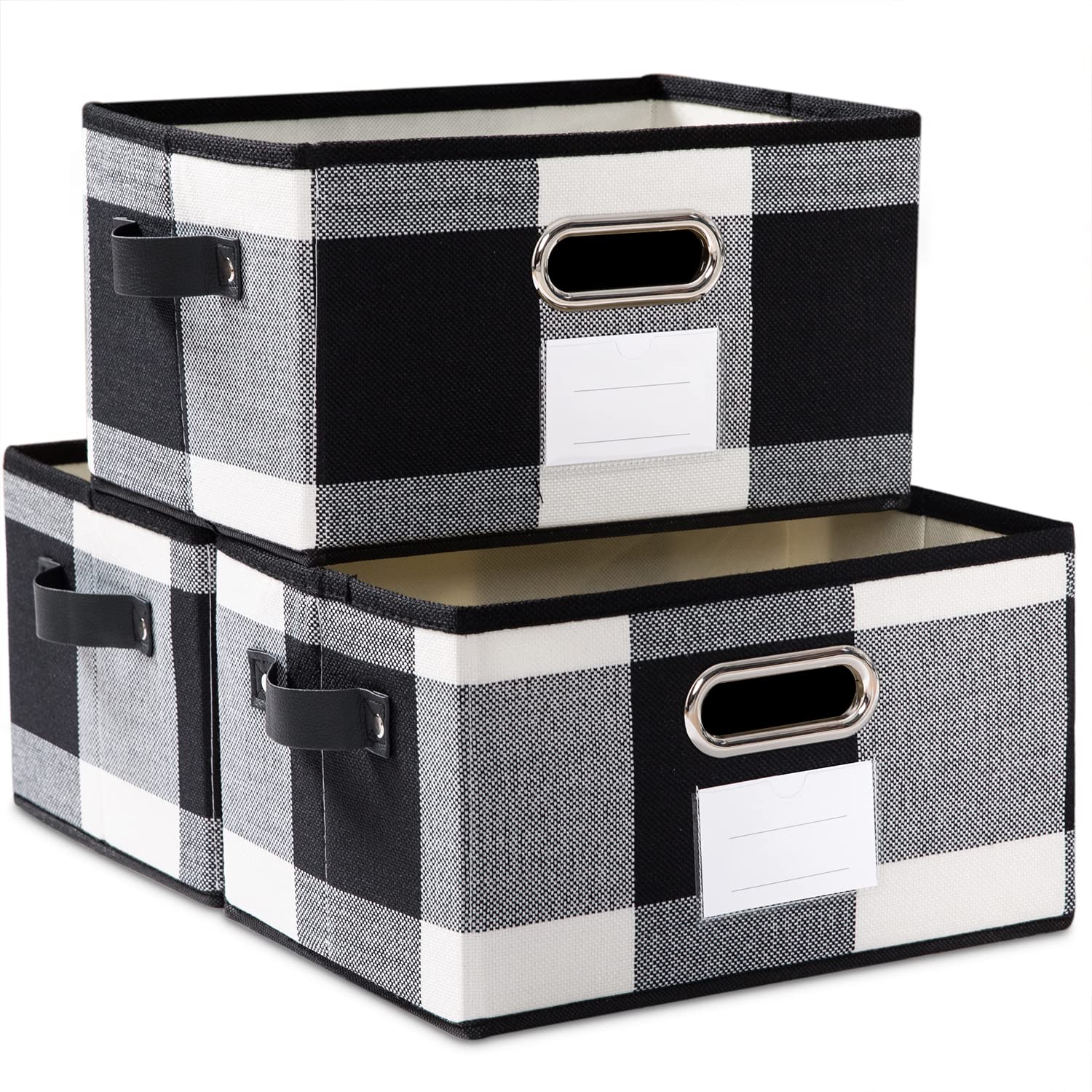 PRANDOM Large Collapsible Storage Baskets for Closet [3-Pack] - Decorative Fabric Storage Bins with Leather/Metal Handles - Foldable Organizer for Shelves, Bedroom, Living Room - Black and White Grid Pattern (14.9x9.8x8.3 Inch) - Perfect for Home Organization, Kids Room Storage & Office Supplies