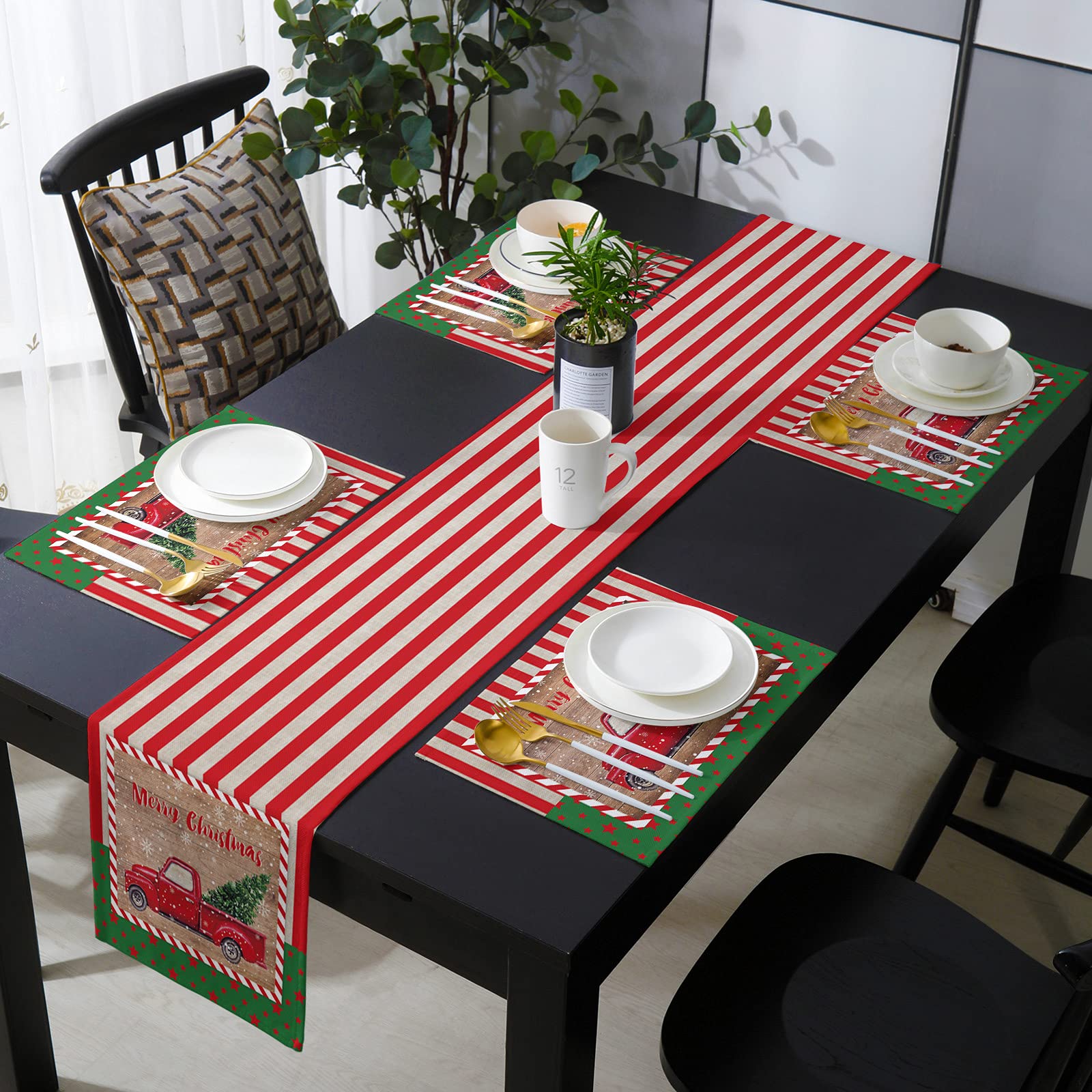 Savannan Burlap Christmas Placemats Set - 6pcs Rustic Holiday Table Mats & 1 Red Stripe Snowflake Table Runner for Farmhouse Decor, Xmas Party, Dining Table Setting, Winter Home Decoration