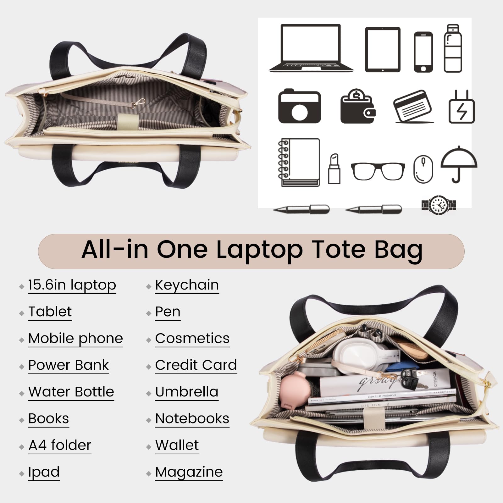 LOVEVOOK 15.6 Inch Leather Laptop Tote Bag for Women - Waterproof Professional Computer Briefcase, Large Capacity Business Shoulder Bag, Crossbody Purse for Office, Work, Teacher, and Travel Use