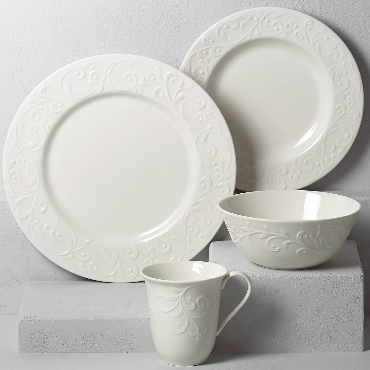 Opal Innocence Carved 4-Piece Dinnerware Set - Elegant Stoneware Plates & Bowls for Formal Dining & Special Occasions