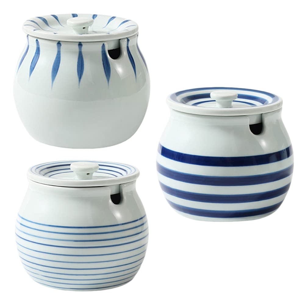 Cabilock 3-Piece Ceramic Condiment Jars with Lids - Japanese Style Porcelain Seasoning Box Set for Kitchen, Spice Storage & Sauce Containers | Perfect for Pantry Organization, Cooking & Tabletop Display