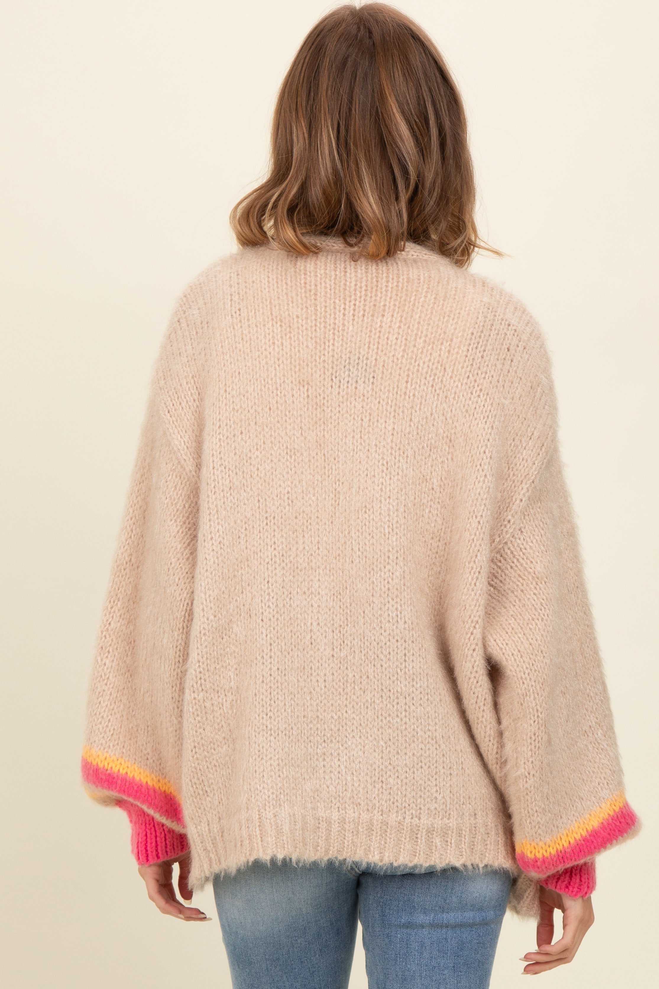 Beige Brushed Knit Striped Sleeve Cardigan for Women - Soft Cozy Long Sleeve Open Front Sweater - Perfect for Fall Outfits, Office Wear & Casual Dates
