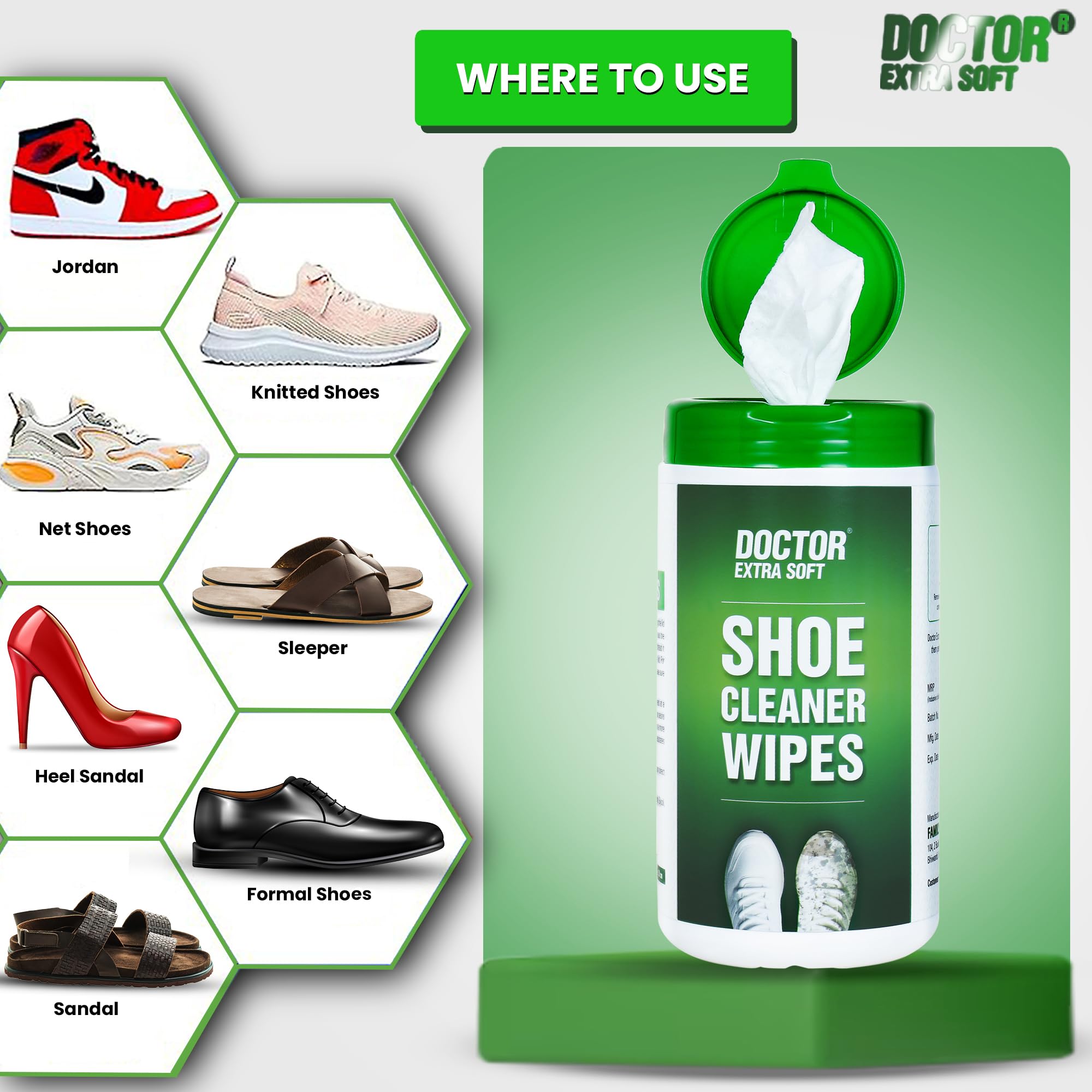DOCTOR EXTRA SOFT Natural Shoe Cleaner Wipes - Portable Sneaker & Footwear Cleaning Wipes for Shoes, Loafers, Sandals, Slippers, Athletic & Tennis Shoes - Quickly Removes Dirt, Stains, Mud & Grass - 50 Ready-to-Use Wipes - Perfect for Travel, Gym, Outdoor Activities & Quick Shoe Maintenance
