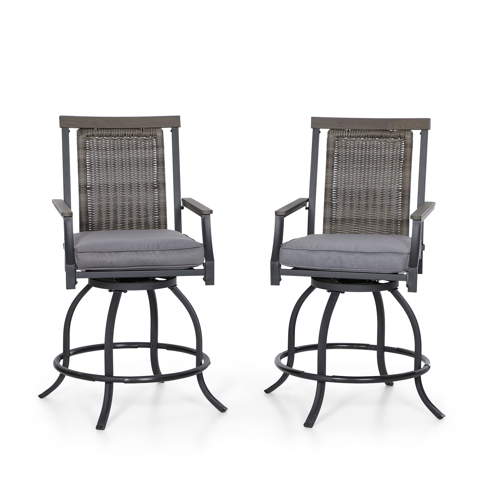 Sophia and William Swivel Patio Bar Chairs Set of 2 - Counter Height Rattan Back with Grey Seat Cushion - High Back Design for Outdoor Dining, Garden, Lawn, Backyard, Poolside & Patio Relaxation