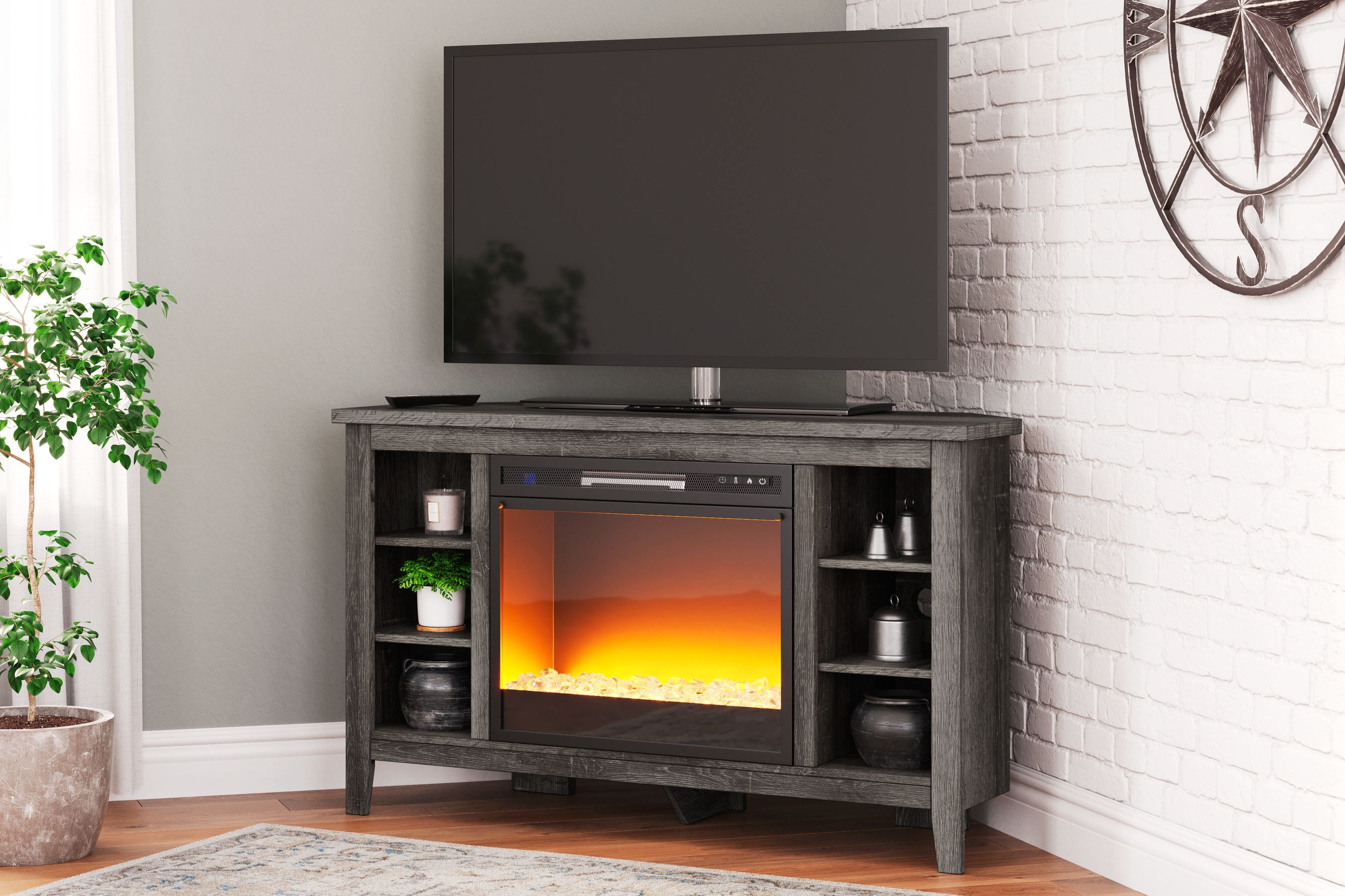 Arlenbry Gray Corner TV Stand with Glass and Stone Fireplace Insert - Modern Entertainment Center for Living Room, Bedroom & Home Theater Setup