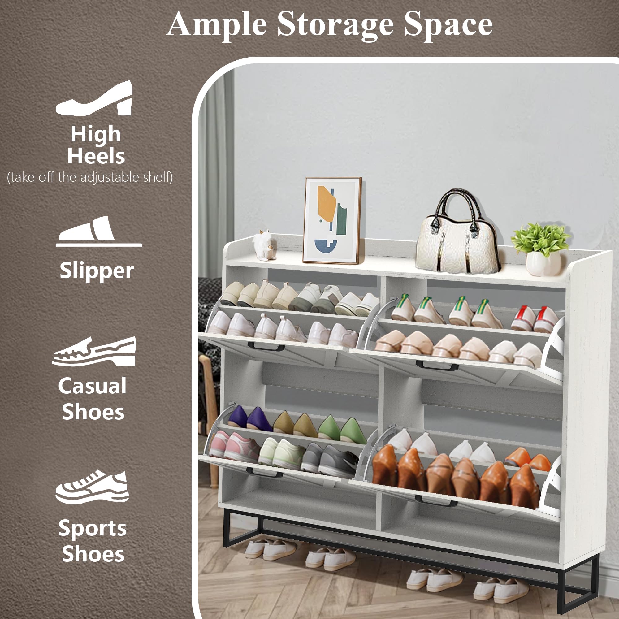 4-Tier Flip Drawer Shoe Storage Cabinet - Narrow Freestanding Shoe Organizer with Metal Legs & Adjustable Shelf | Hidden Entryway Shoe Rack in Oak White | Perfect for Small Spaces, Apartments & Closet Organization