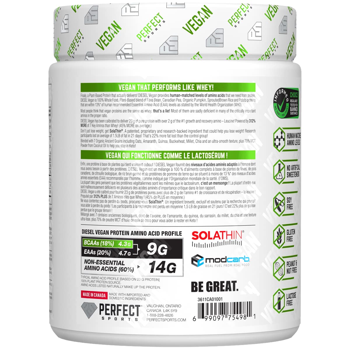 PERFECT Sports DIESEL Vegan Protein Powder - 100% Plant-Based, Chocolate Ice Dream Flavor, 350g (10 Servings) | Post-Workout Recovery, Muscle Building, Healthy Vegan Diet Supplement