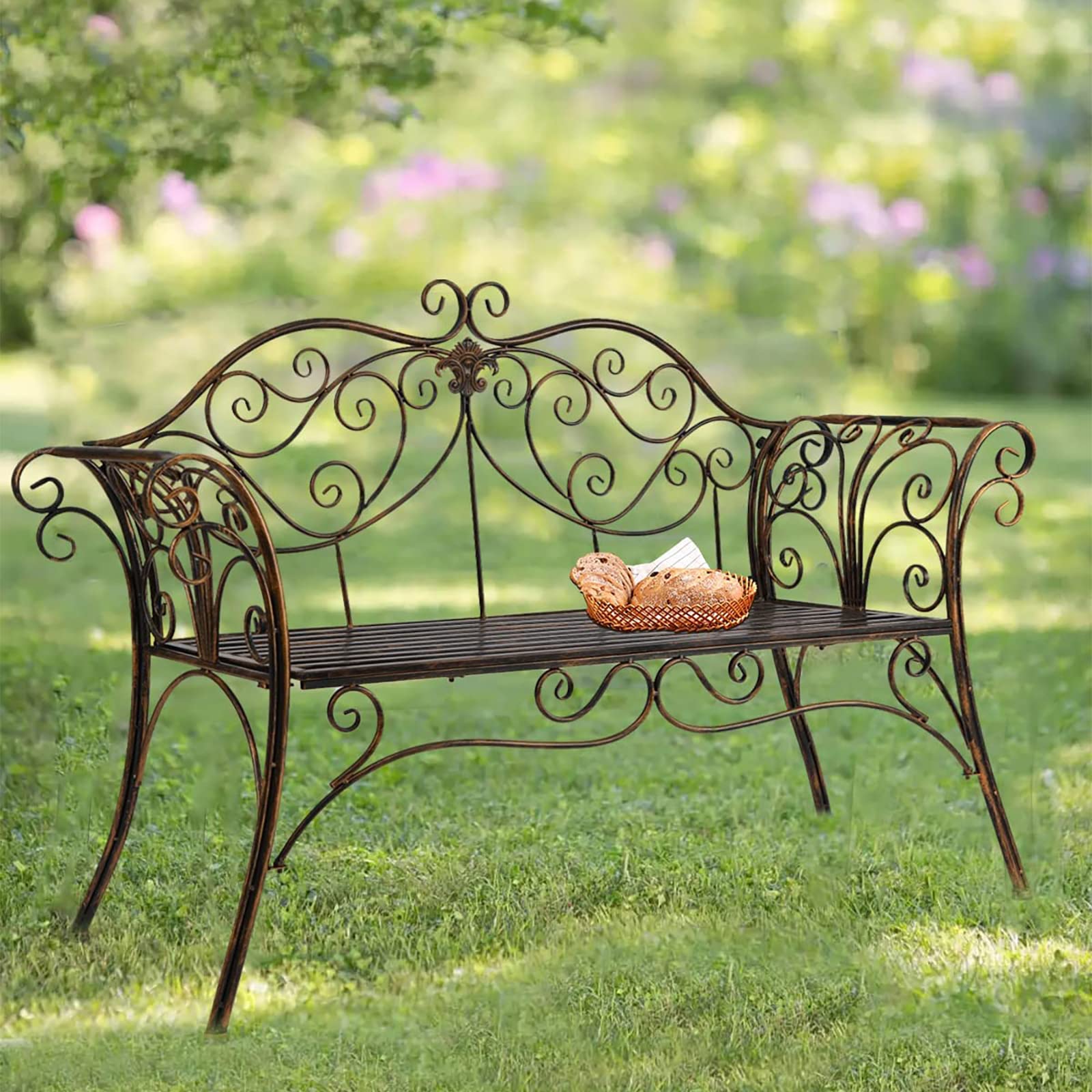 Antique Bronze Metal Garden Bench - 2 Seater Outdoor Patio Furniture for Garden, Yard, Porch & Sunroom - Perfect for Relaxing, Decorating Outdoor Spaces & Enhancing Curb Appeal
