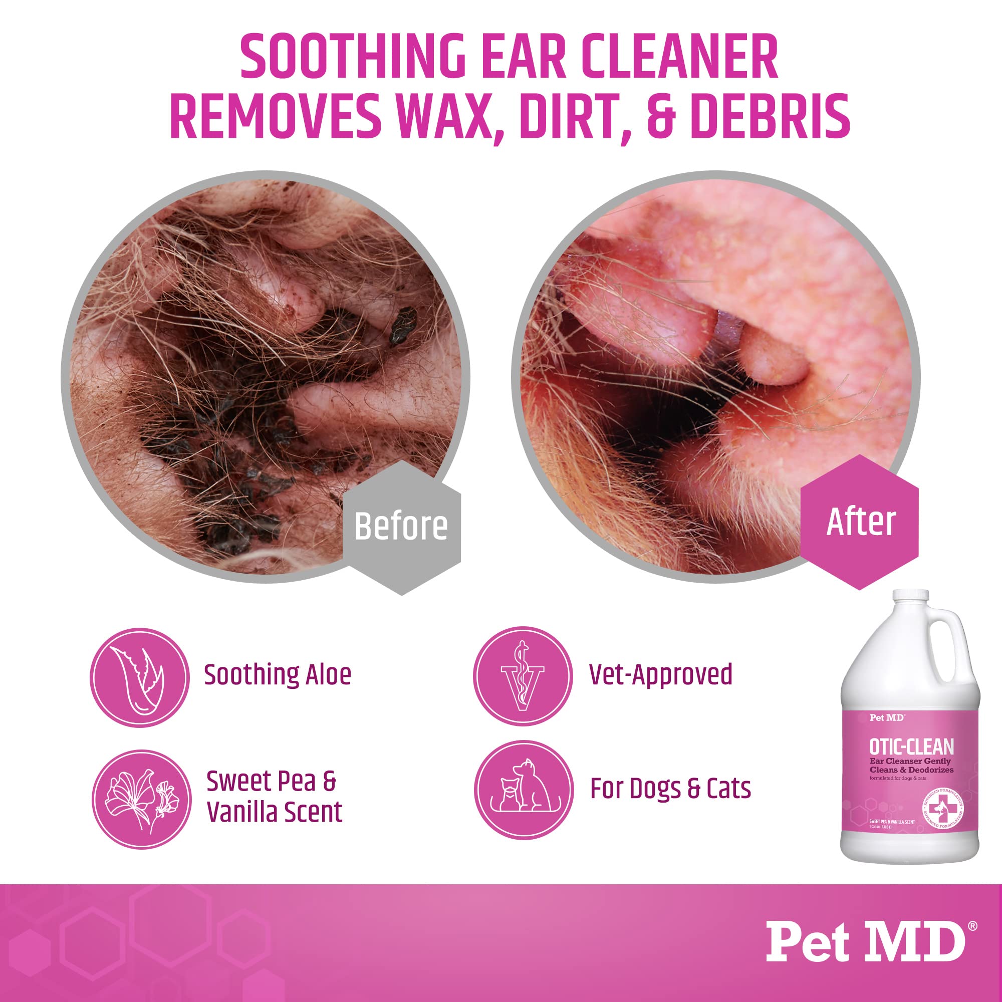 Pet MD Otic-Clean Dog & Cat Ear Cleaner Solution - Vet-Formulated for Itch Relief, Odor Control & Wax Removal - Safe Ear Wash for Pets - 1 Gallon - Perfect for Regular Ear Hygiene & Infection Prevention