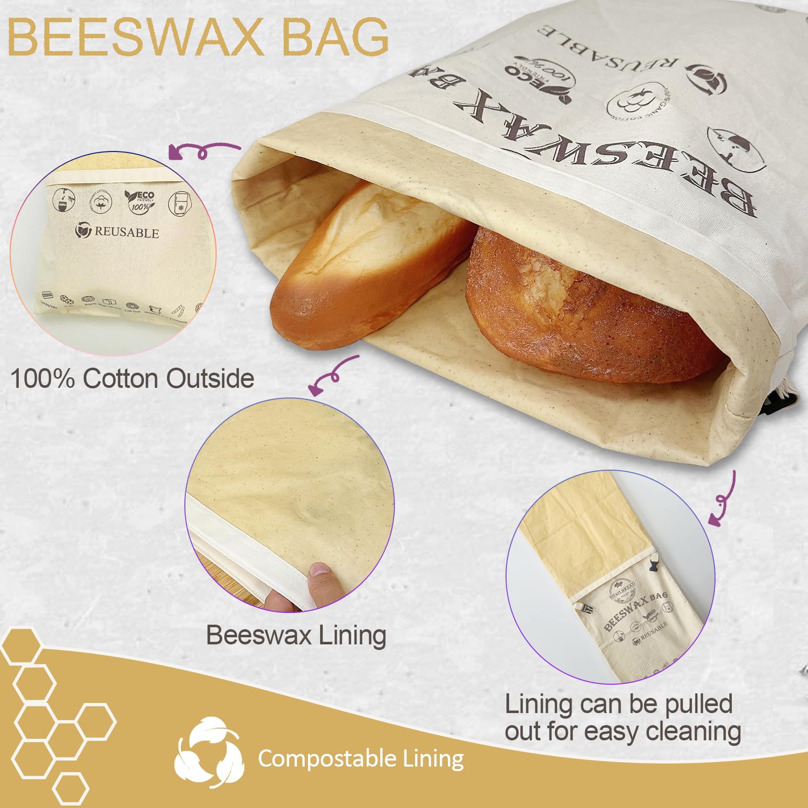 Eco-Friendly Beeswax Bread Bags - 2 Pack XL Reusable Cotton Bread Storage Bags (13x17 Inch) for Homemade Sourdough, Fresh Loaves & Baked Goods | Perfect for Picnics, Lunchboxes & Sustainable Kitchen Storage
