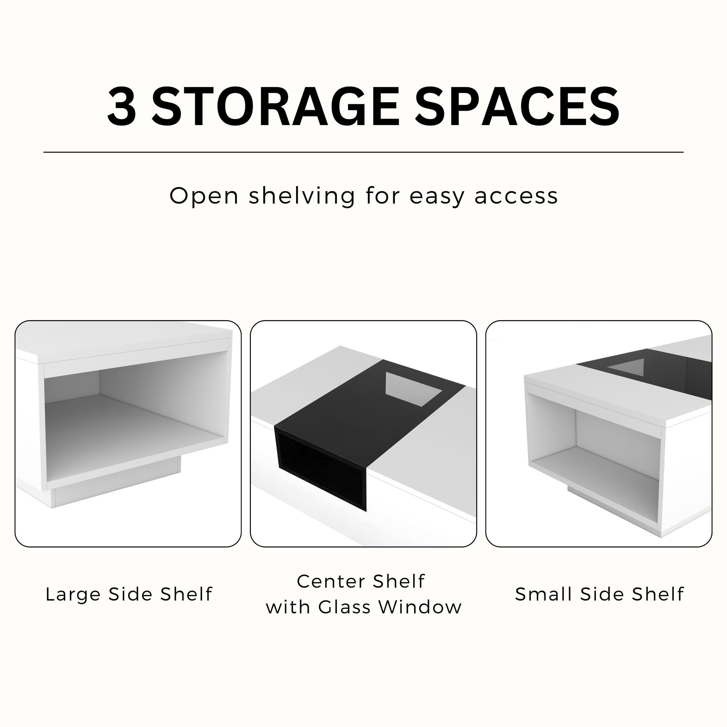 Modern Rectangle Coffee Table with Storage - White & Black Wooden Furniture for Living Room & Office - Matte Finish with Glass Window Shelf & 2 Open Shelves - Perfect for Small Spaces, Home Decor & Entertaining Guests