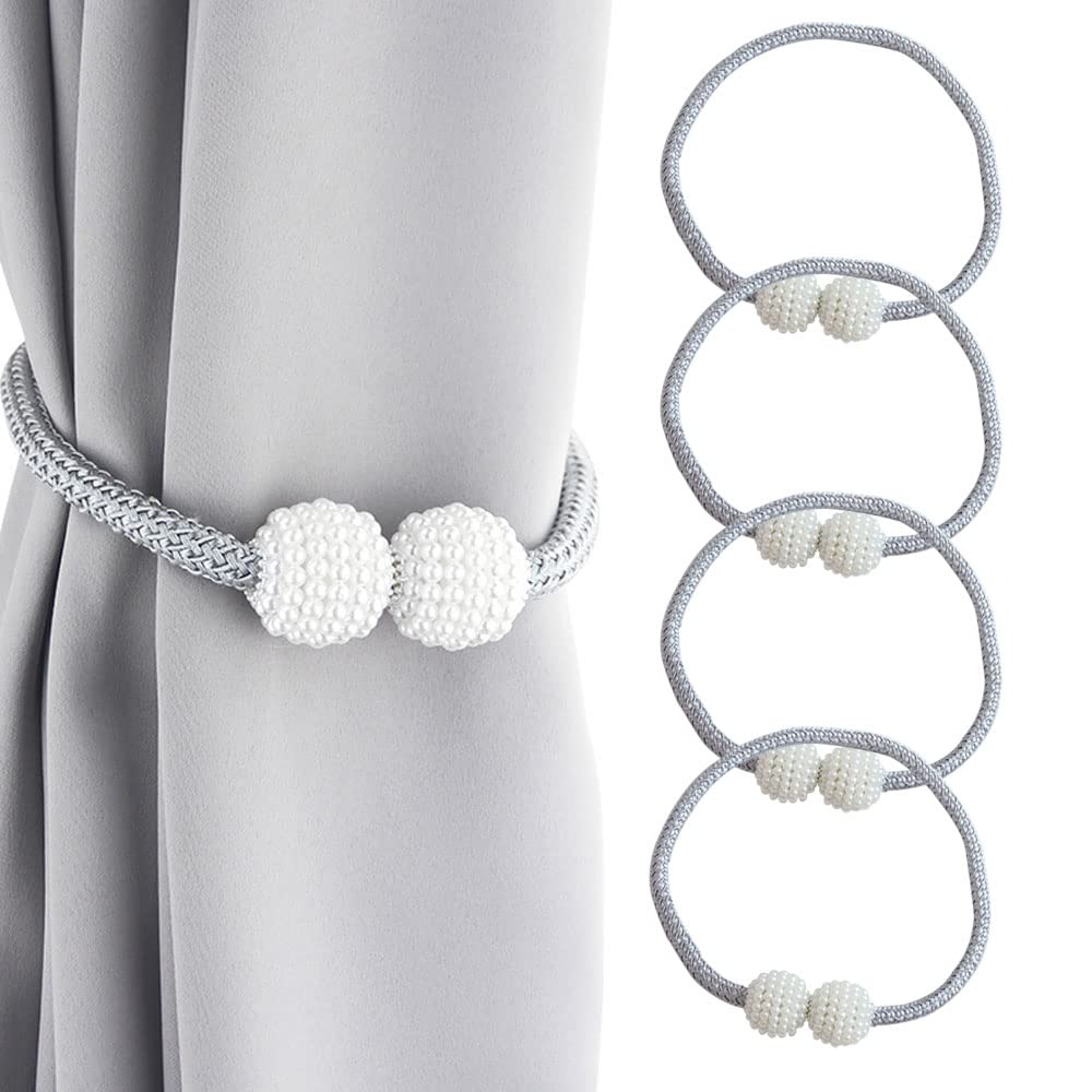 4 Pack Magnetic Curtain Tiebacks - Elegant Small Pearl Curtain Holdbacks with Rope, Window Drapery Clips for Drapes & Curtains (Grey & White) - Perfect for Living Room, Bedroom & Home Decor