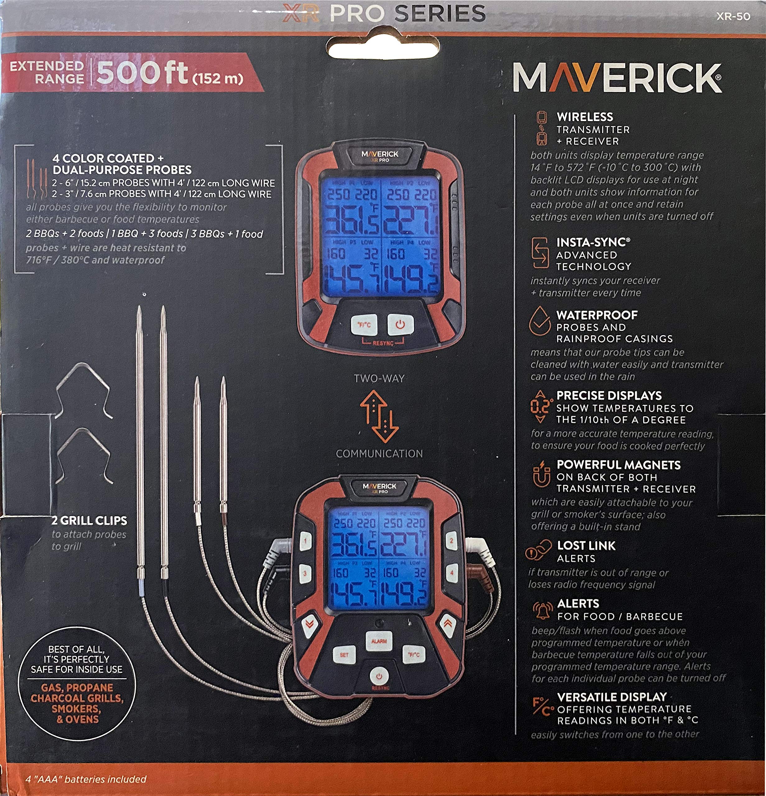 Maverick PRO-Series XR-50 Digital Wireless Meat Thermometer with 500FT Range & 4 Probes - Black/Red BBQ Smoker Thermometer + Z-Cloth Bundle for Grilling, Smoking, and Outdoor Cooking