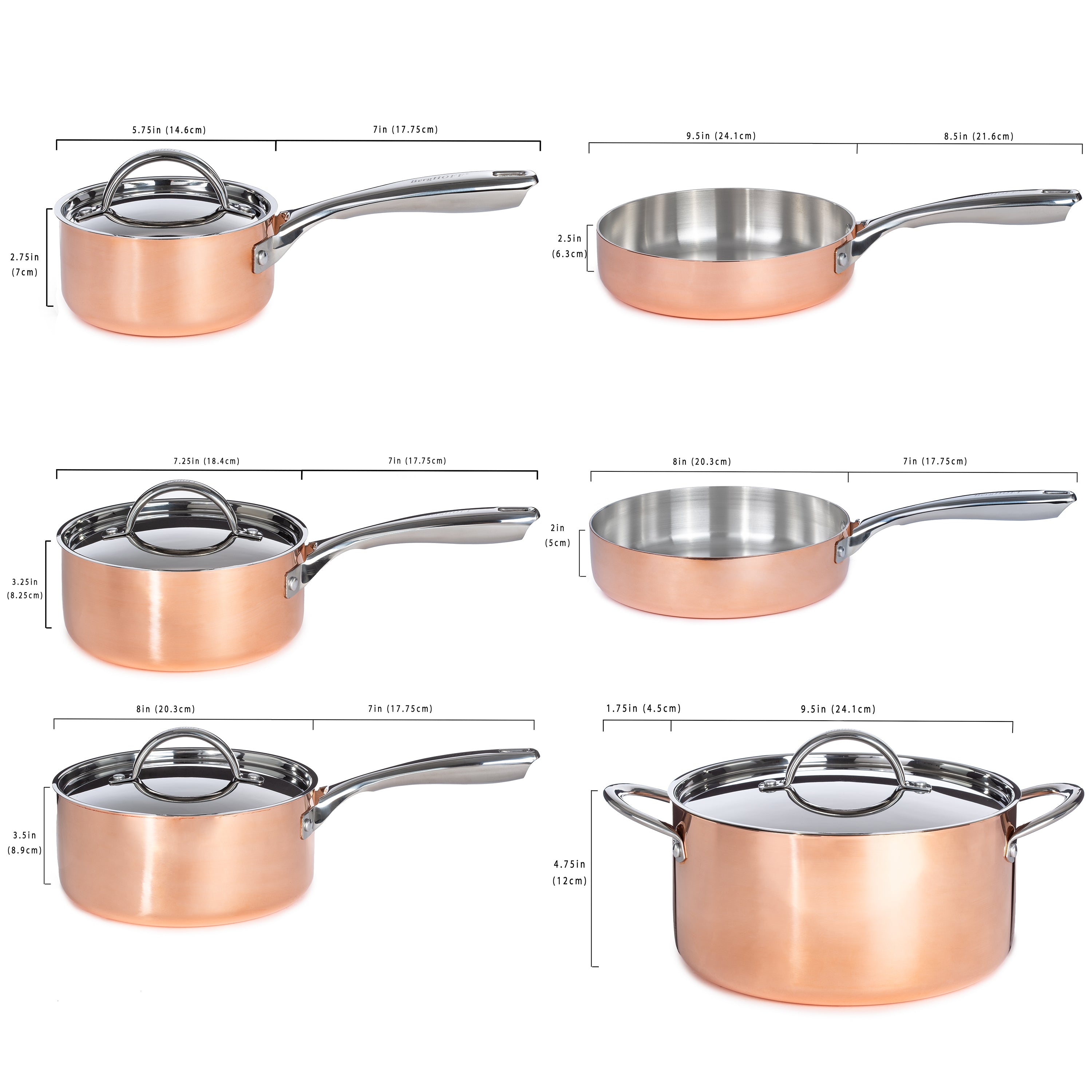 BergHOFF Vintage 10-Piece Tri-Ply Copper Cookware Set with Lids - Polished Stainless Steel Pots and Pans for Professional Cooking, Baking & Entertaining