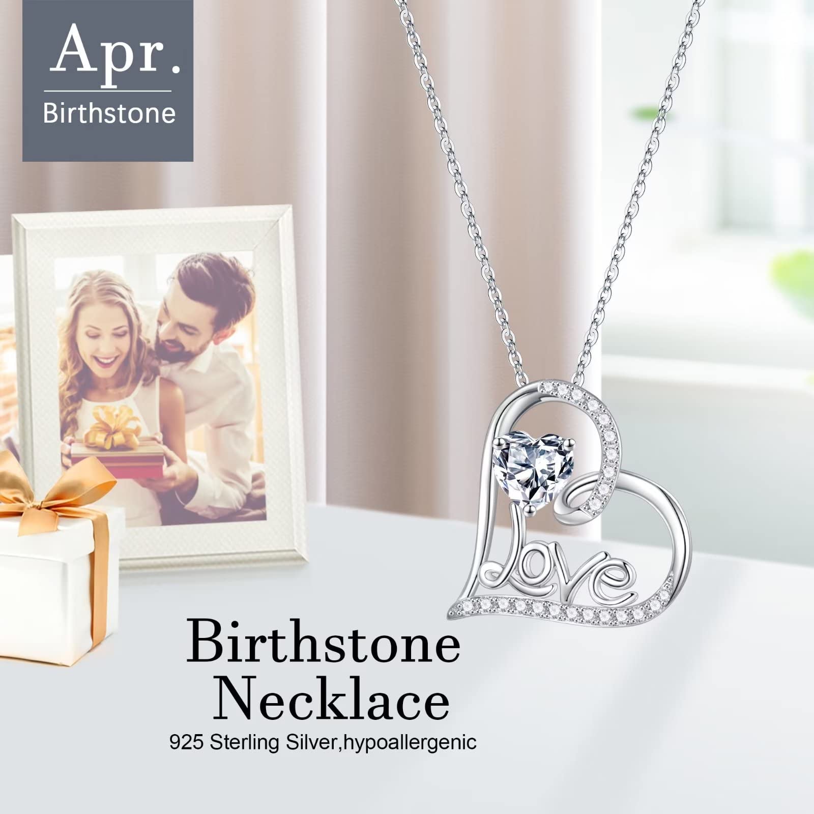 Forever Love 925 Sterling Silver Heart Pendant Necklace with Birthstone - Romantic Anniversary Gift for Women, Wife, Mom, Girlfriend - Perfect for Christmas, Birthday, Valentine's Day & Special Occasions