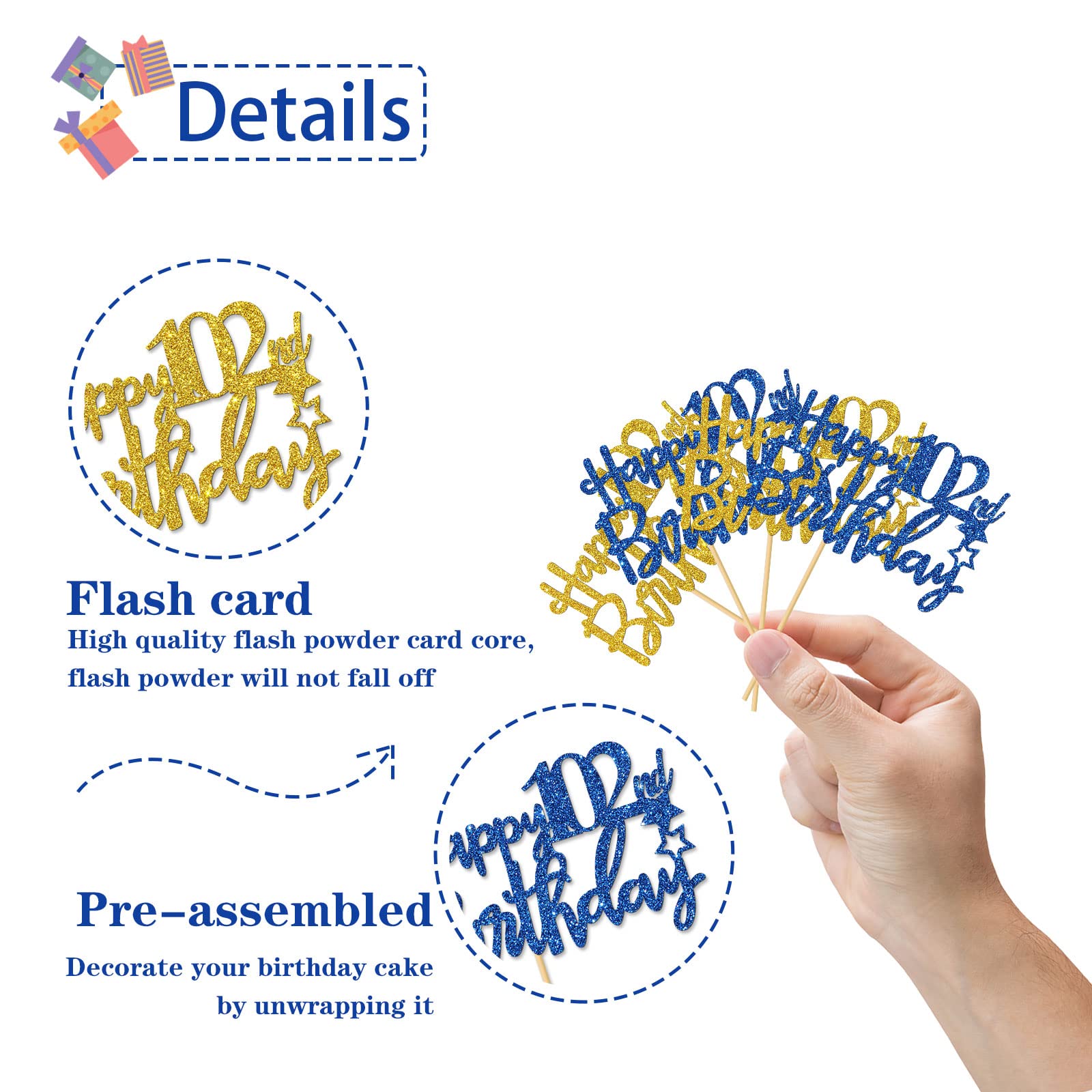 102nd Birthday Cupcake Toppers for Women & Men - 24 PCS Blue & Gold Glitter Cake Decorations - 102 Years Old Party Supplies - Perfect for Milestone Celebrations, Retirement Parties & Anniversary Events