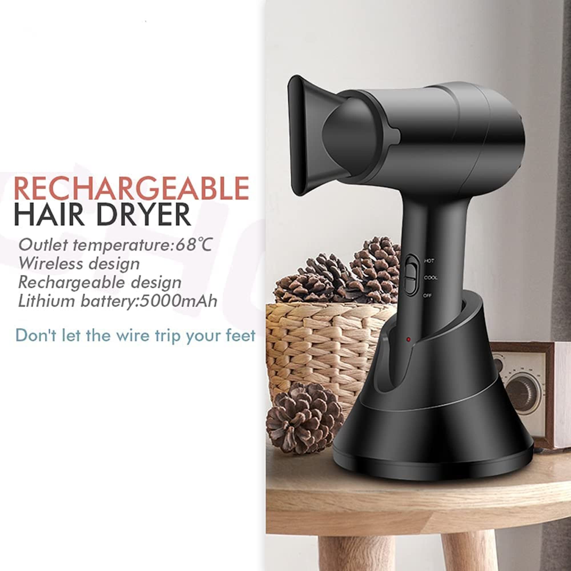 GWMWON Rechargeable Cordless Hair Dryer - 5000mAh Fast Charge, Hot/Cold Wind Settings, Portable Travel Hair Dryer for Home & Salon Use | Perfect for Traveling, Gym, Camping & Quick Styling (White)
