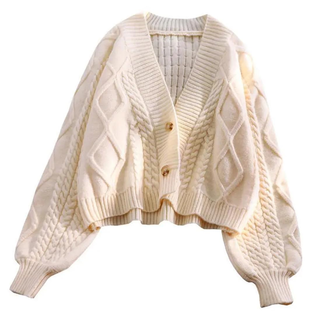 Women's Autumn Winter Knitted Cardigan with Lantern Sleeves - Long Sleeve Solid Color Sweater Coat Jacket for Casual Wear, Office Outfits & Fall Fashion