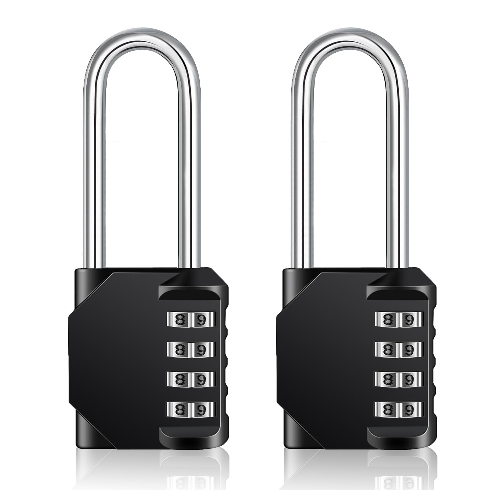 **4 Digit Combination Lock - Resettable Weatherproof Long Shackle Padlock for School, Gym, Locker, Fence & Outdoor Use (Black, 2 Pack) - Secure Your Belongings Anywhere**