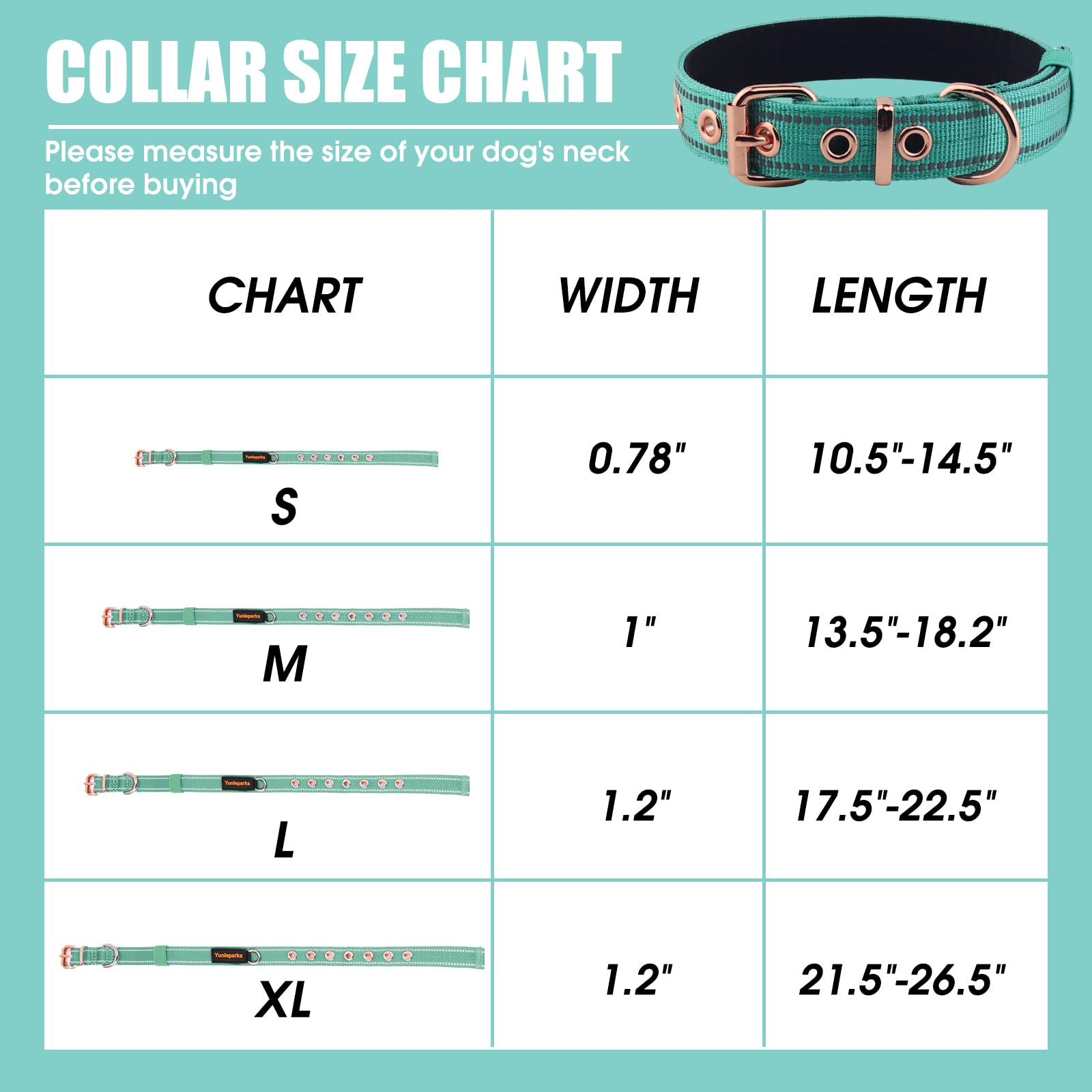 Neoprene Padded Dog Collar - Heavy Duty Adjustable Reflective Collar with Metal Buckle for Small Medium Large Dogs - Perfect for Walking, Training & Nighttime Safety (Large, Teal)